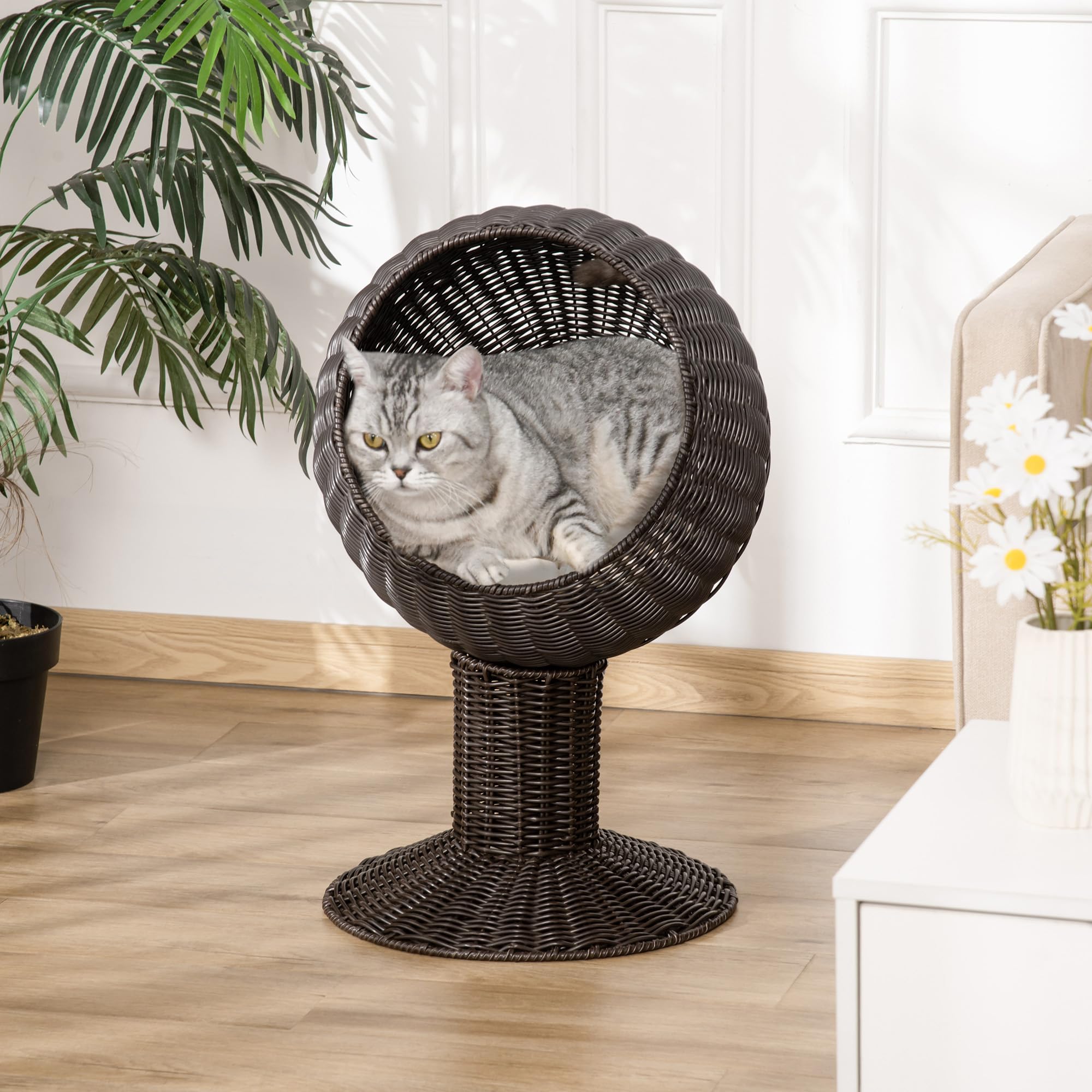 Pawhut Elevated Cat Bed With Rotatable Egg Chair Pod, Cat Basket Bed With Thick Cushion, Natural Mat Grass Woven Kitty House, Br