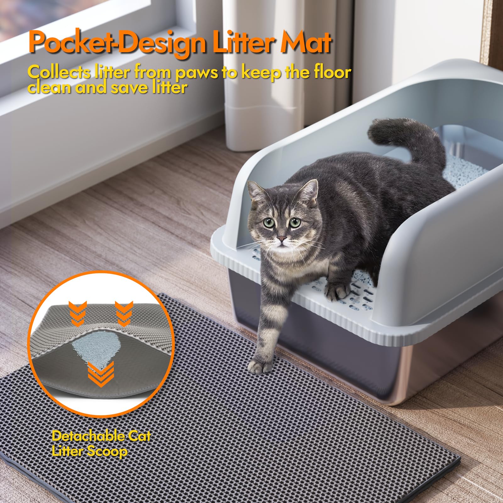 Extra Large Litter Box for Big Cats, Anti-Leakage,Non-Stick, Includes Litter Mat & Scoop,Easy to Clean