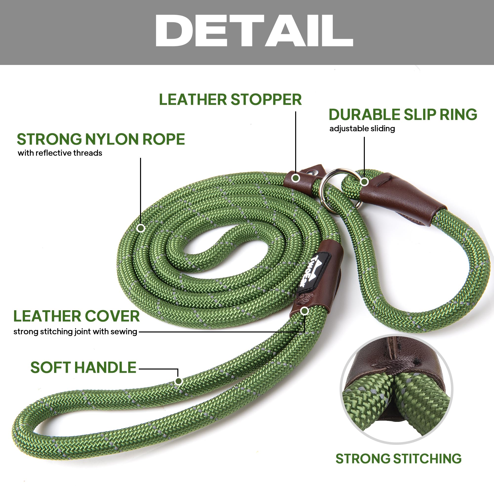 Twoear Dog Leash Dog Slip Rope Leash 1/2' X 6Ft Dog Training Leash Heavy Duty Strong Slip Lead Highly Reflective Threads For Small Medium And Large Dogs(Green)
