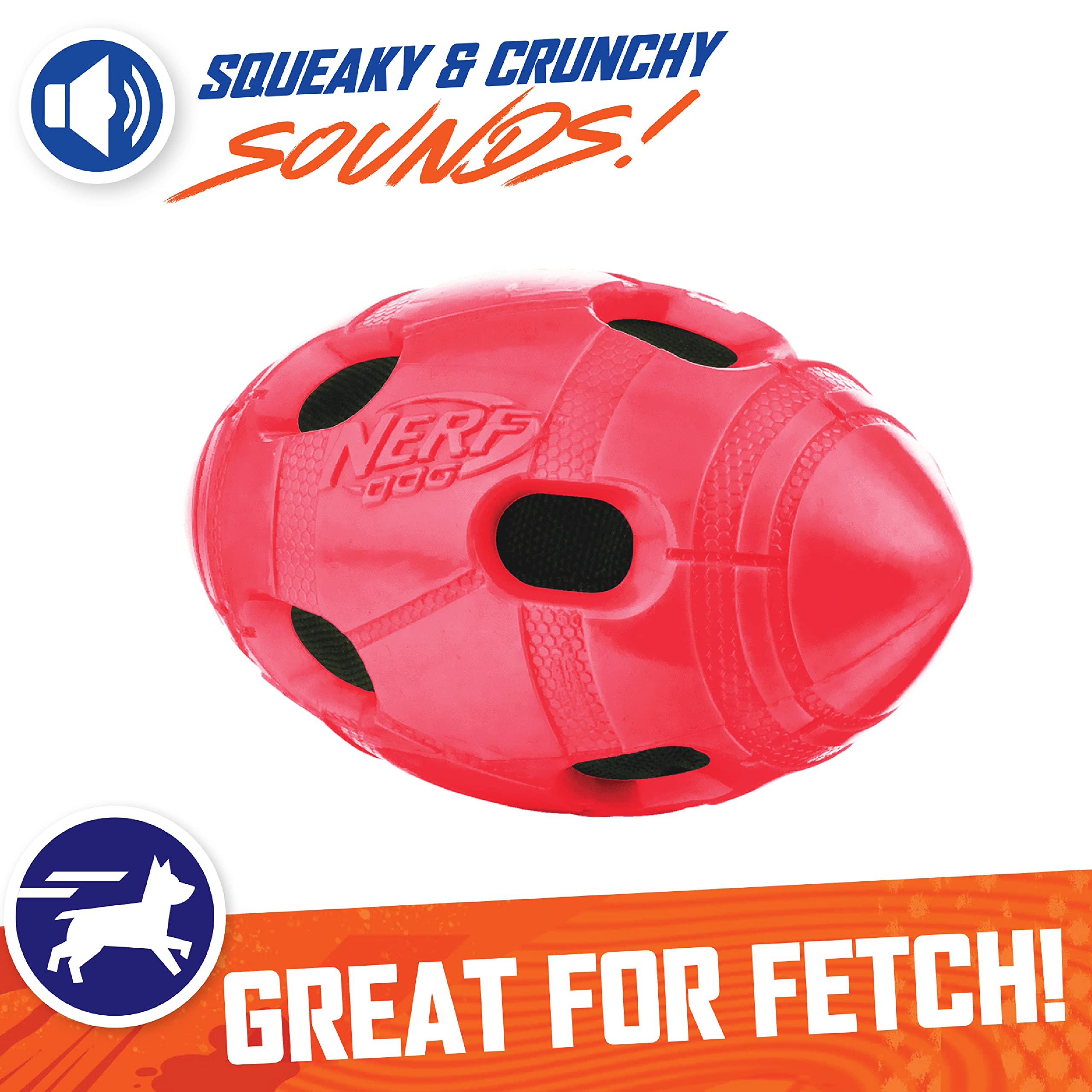 Nerf Dog Rubber Football Toy, Interactive Squeaker, Durable TPR, 6" for Medium/Large Breeds, Red