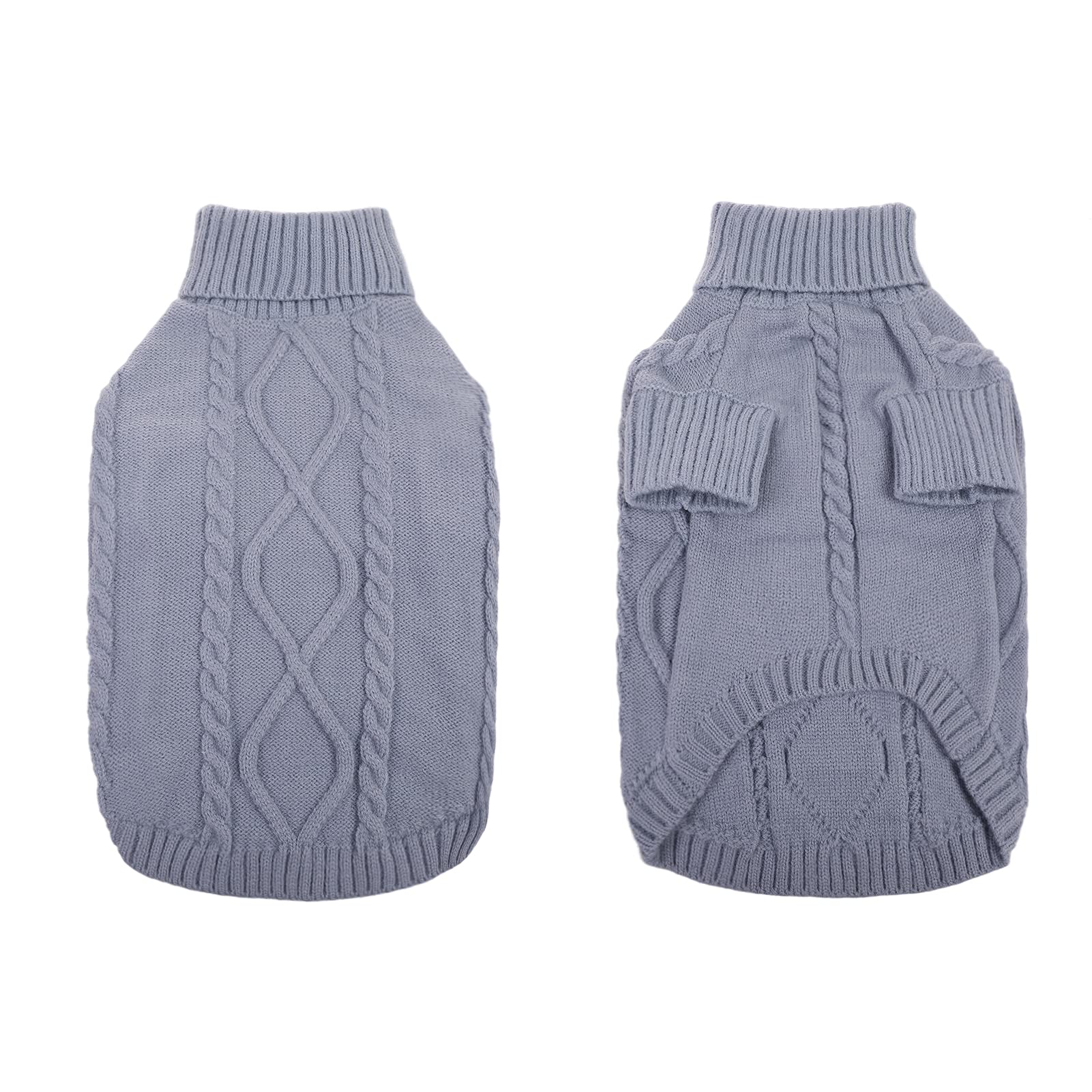 Queenmore Small Dog Pullover Sweater, Cold Weather Cable Knitwear, Classic Turtleneck Thick Warm Clothes For Chihuahua, Bulldog, Dachshund, Pug, Yorkie (Grey, Large)