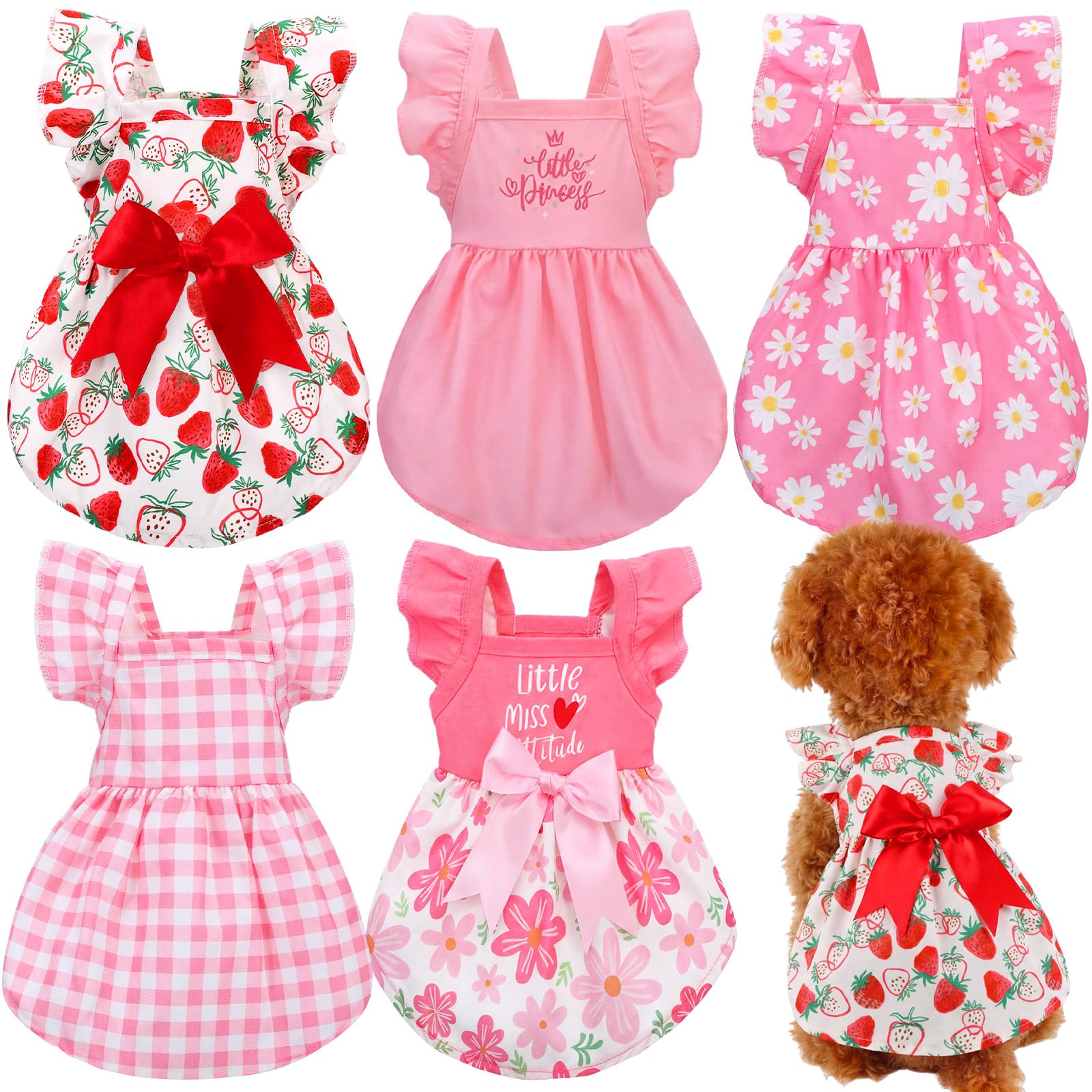 Abbylike 5 Pcs Dog Dress Floral Daisy Plaid Bowknot Dog Clothes Cute Summer Puppy Dresses Outfits Soft Apparel for Pets Cats Fem