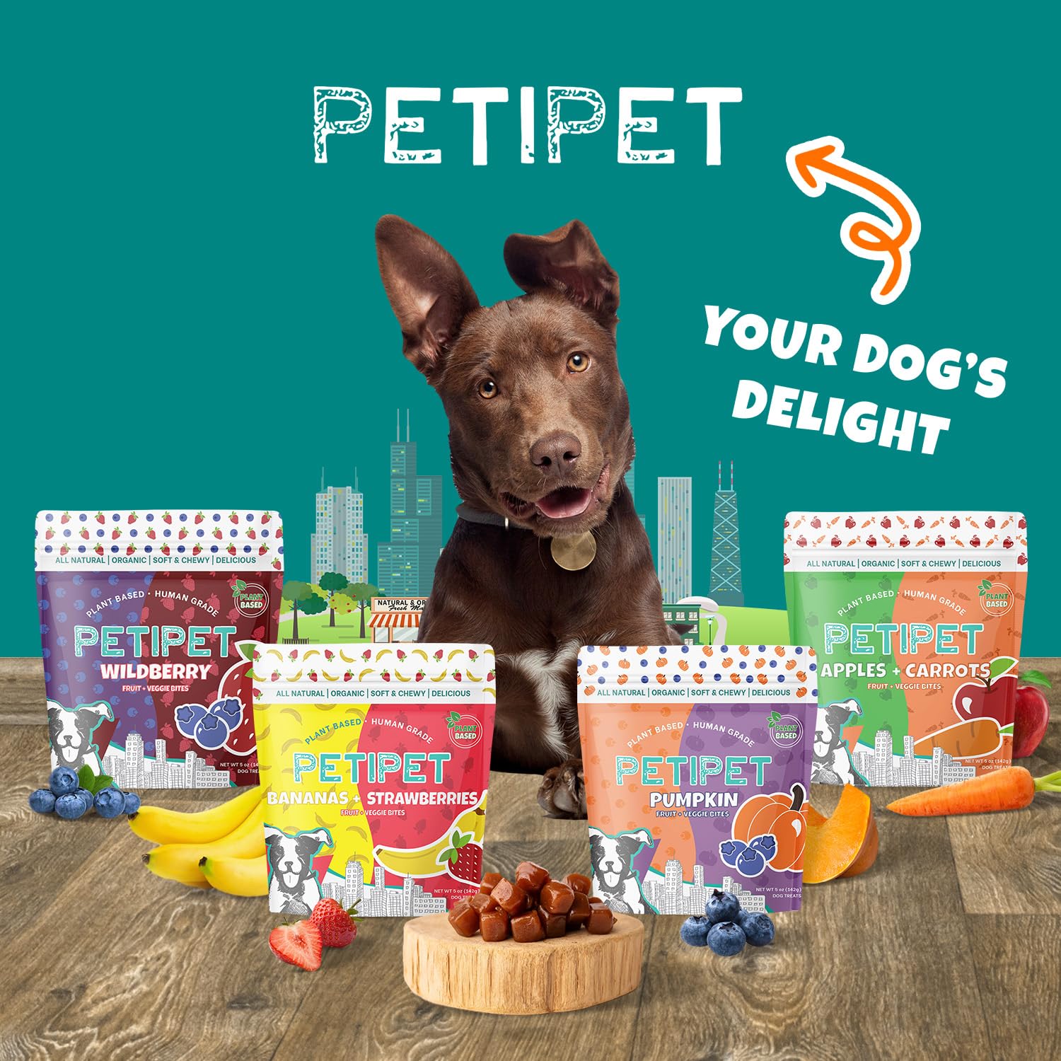 PETIPET Apples+Carrots Plant-Based Fruit Dog Treats - Carrot and Apple Soft & Chewy - Healthy Vegetarian, Vegan Dog Treats with