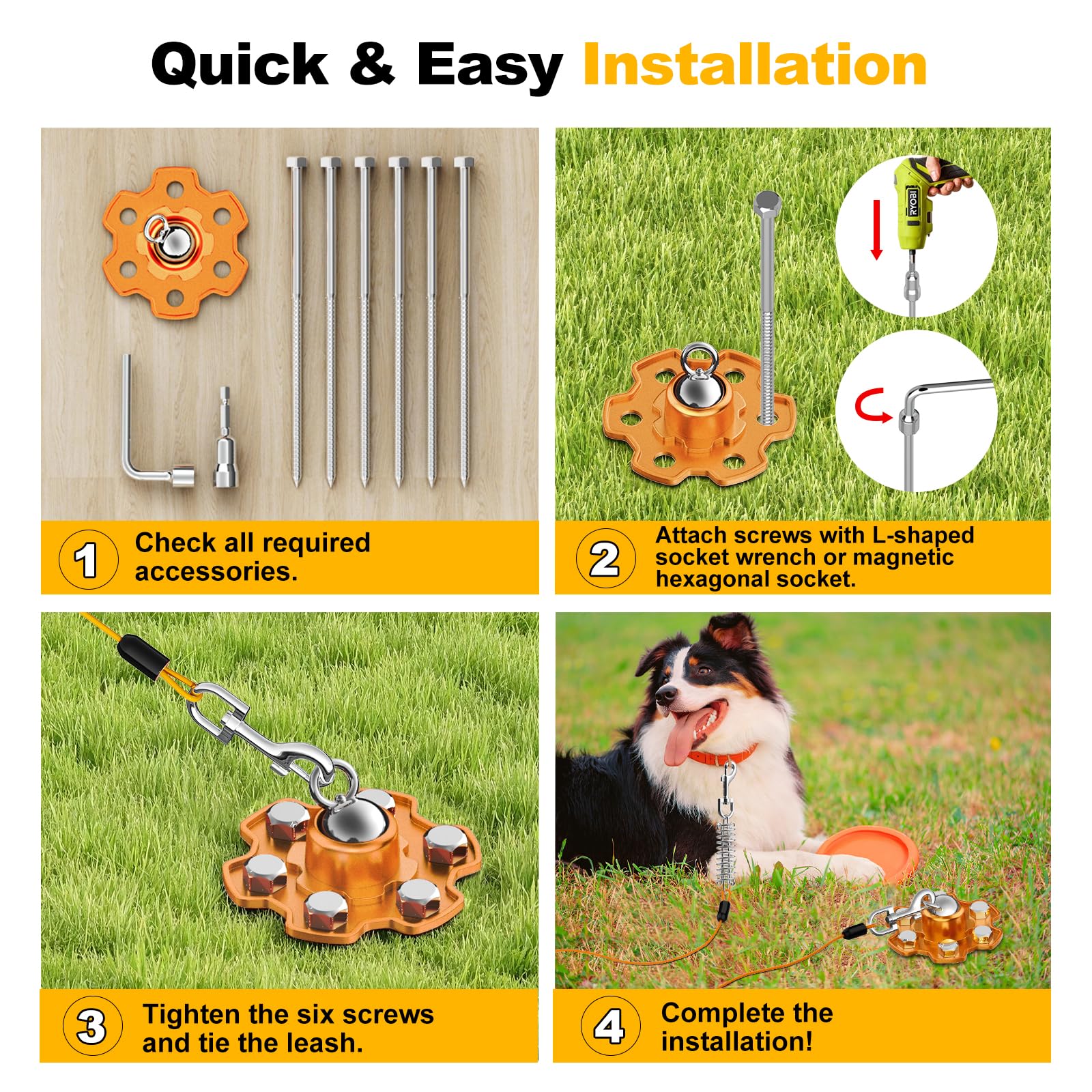 Tivray Dog Tie Out Stake, 360 Swivel Stake No Tangle, Heavy Duty Tether for Yard (No Cable) with 6 Strong Screw Anchors Hold up