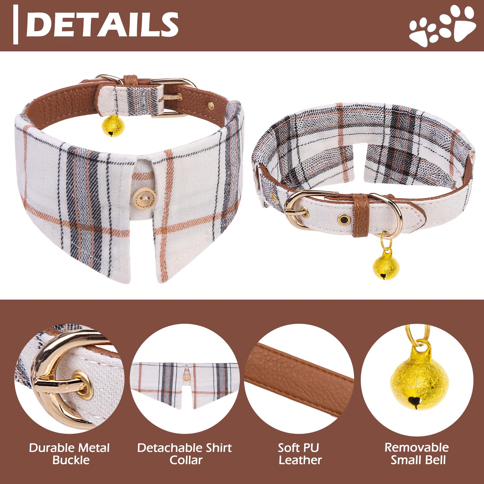 Expawlorer Puppy Collar And Leash - Embroidery Pawprints Plaid Dog Collar And Leash Set, Cute Dog Bandana Collar With Bell, Dog