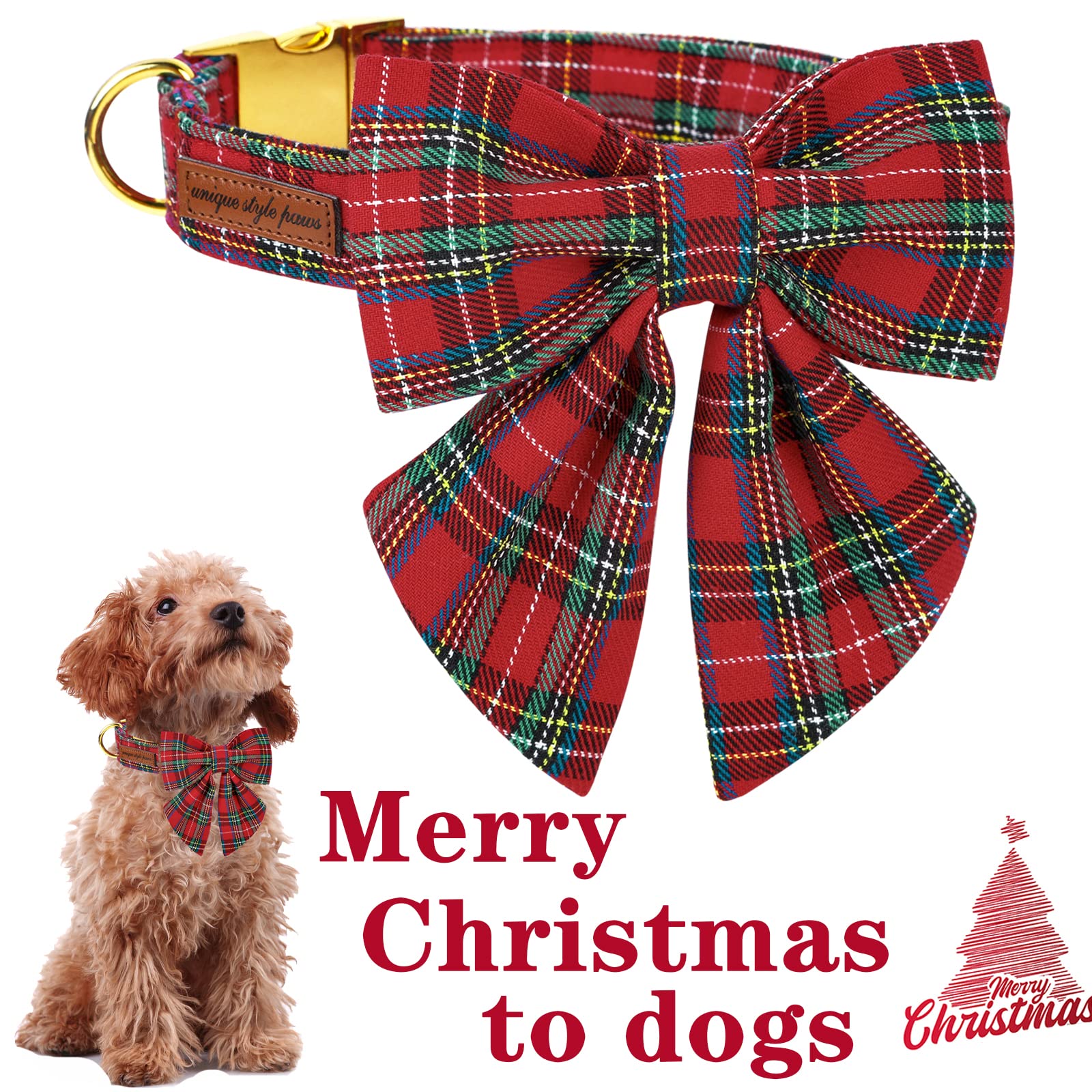 Unique Style Paws Christmas Dog Collar With Bow Tie Scottish Plaid Puppy Collar For Small Medium Large Dogs As Holiday Autumn Winter Gifts-M