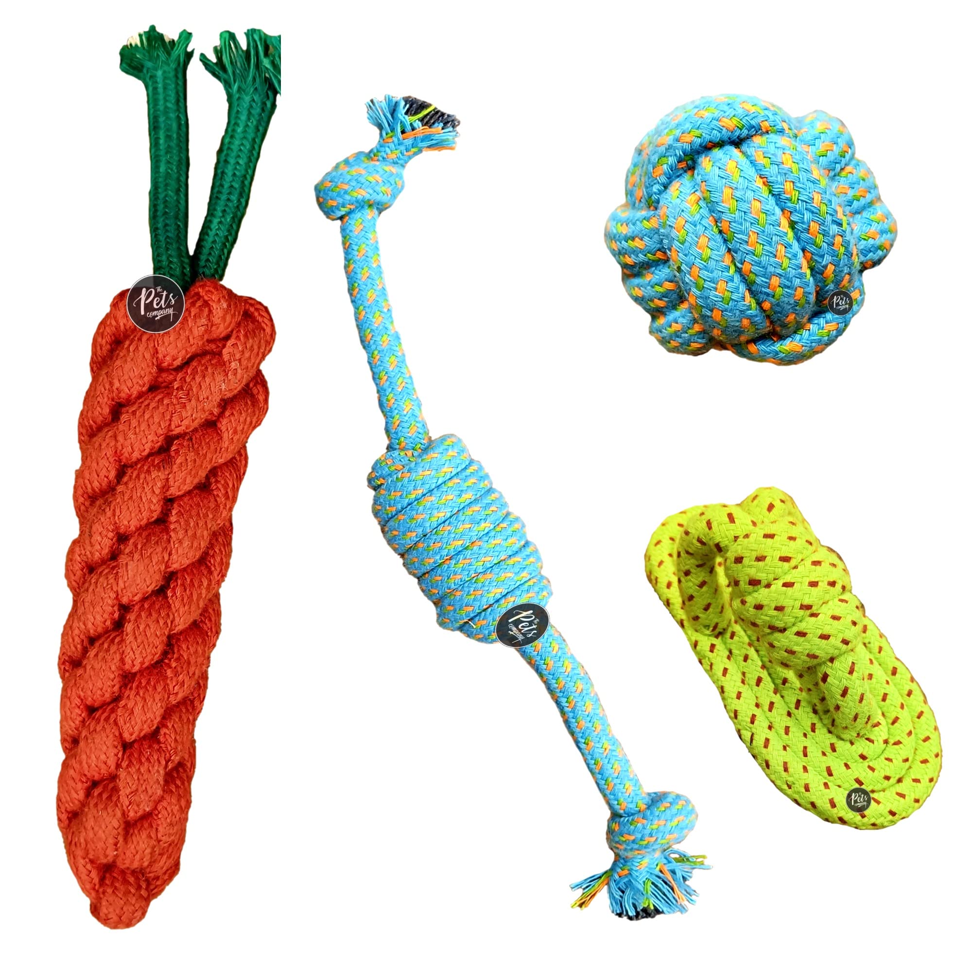 The Pets Company Dog Chew Toys For Puppy Teething & Training (Chew Slipper + Ball + Carrot + Single Knot), Dog Rope Toy Combo Of