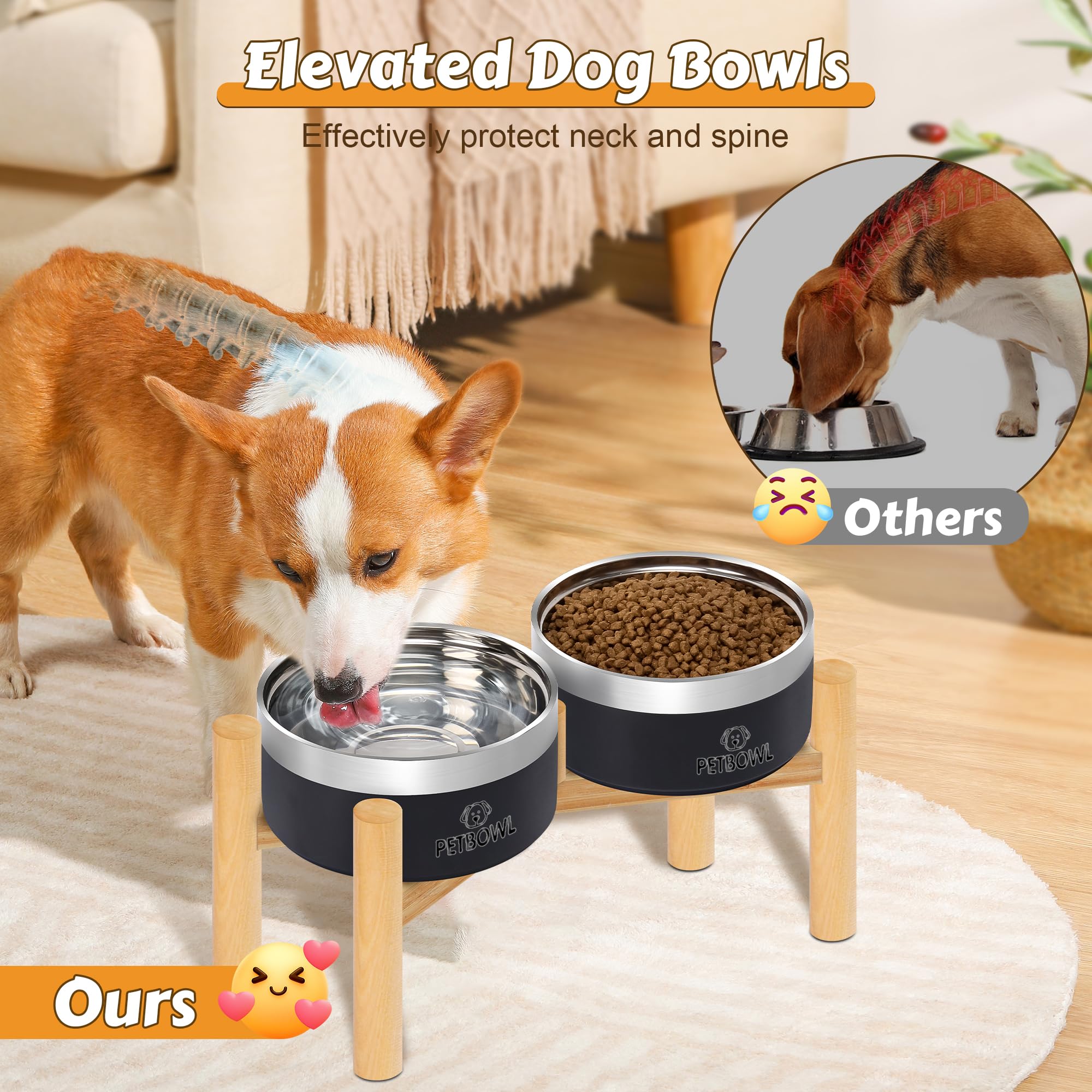 UPSKY Elevated Dog Bowls Set – 27oz Stainless Steel, Anti-Spill, Wooden Stand for Small/Medium Dogs, Reduces Neck Strain, Model 215, Black