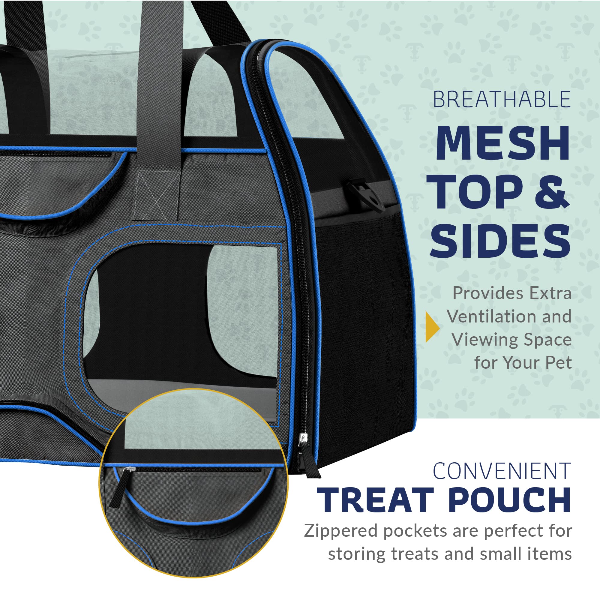 Katziela Pet Carrier - Airline Approved Dog Carrier - Tsa Approved Pet Carrier For Small Dogs And Cats - Soft Faa Travel Airplane Dog Carrier Luggage (Black/Blue)