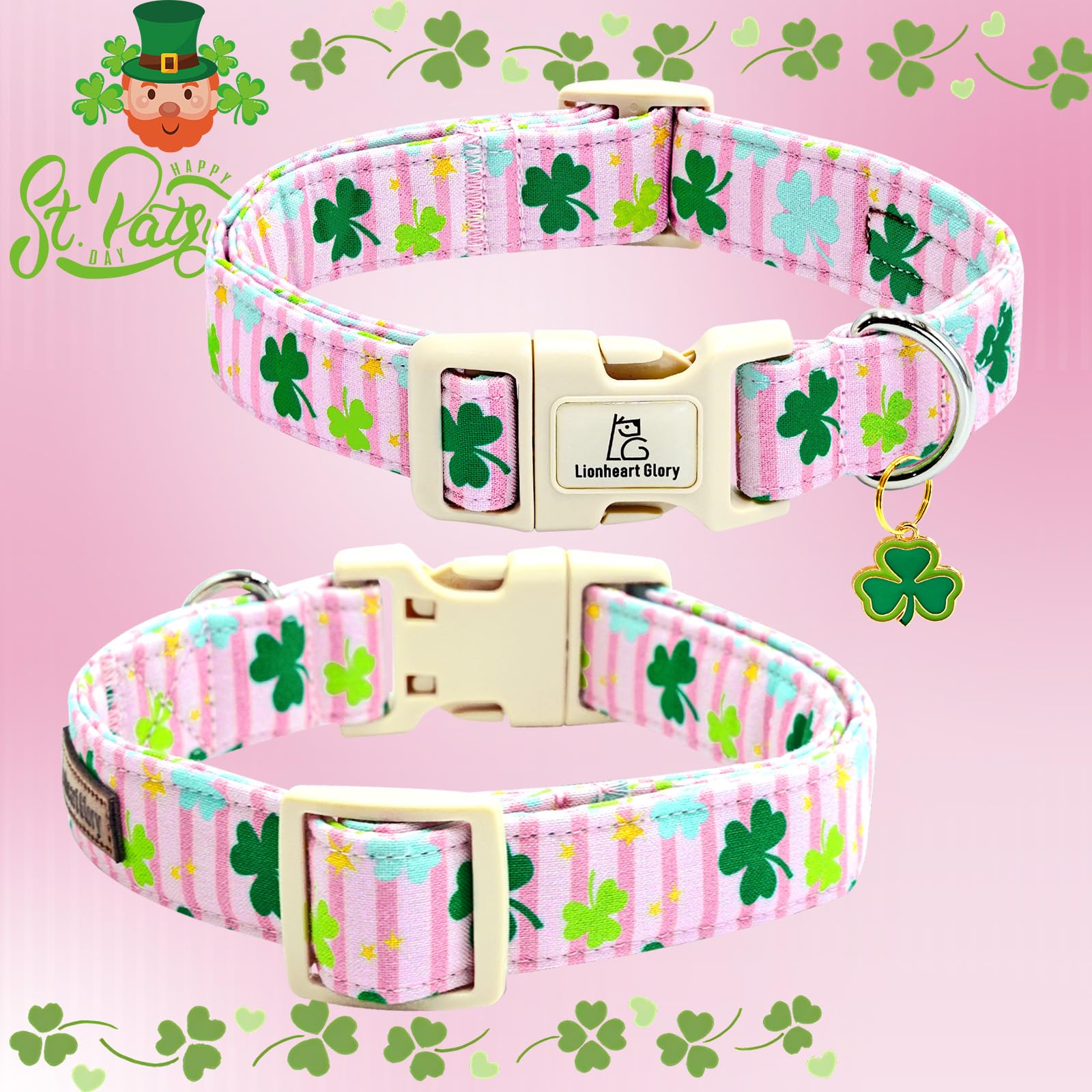 Lionheart Glory St. Patrick Dog Collar-Lucky Clover Shamrock Pink Collars For Large Dogs Spring Female Trefoil Dog Collar Adjust