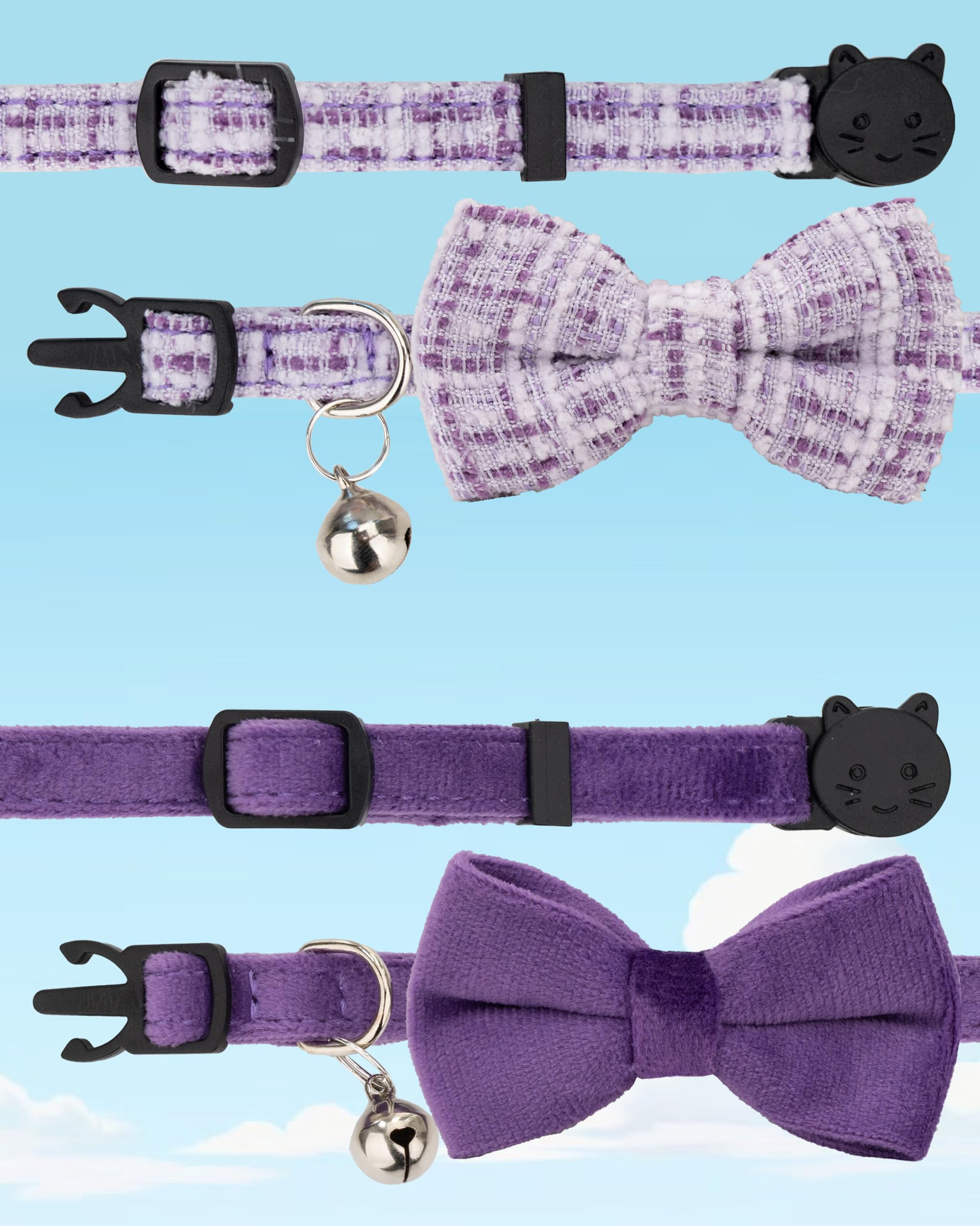 Gyapet Cat Collar Breakaway With Bell Boy Girl Kitten Bow Tie Safety Plaid Solid Color Set Cute Soft Summer B-[2Pcs] Purple