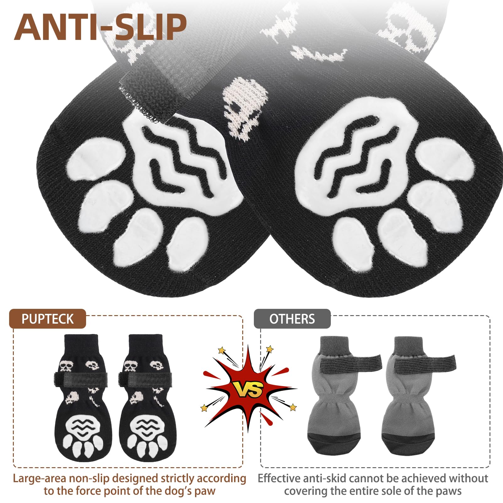 Pupteck Double Sides Anti-Slip Dog Socks Halloween Costumes, 3 Pairs Soft Paw Protector With Adjustable Straps, Strong Traction Control For Indoor Hardwood Floors