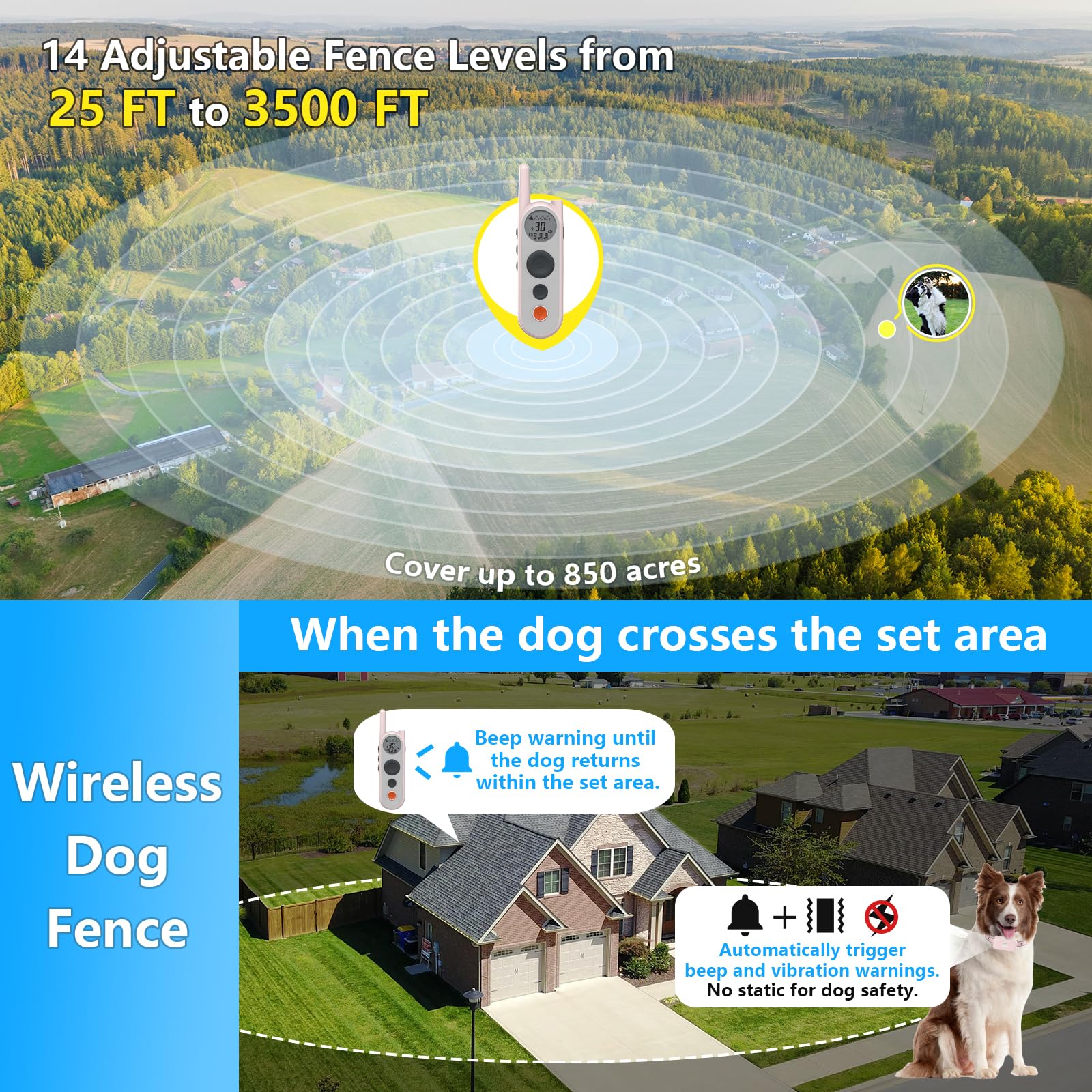 Htcuto Wireless Dog Fence System Electric Fence For Dogs 6000Ft Shock Collar For Dogs Training Collar With Remote Waterproof Rec