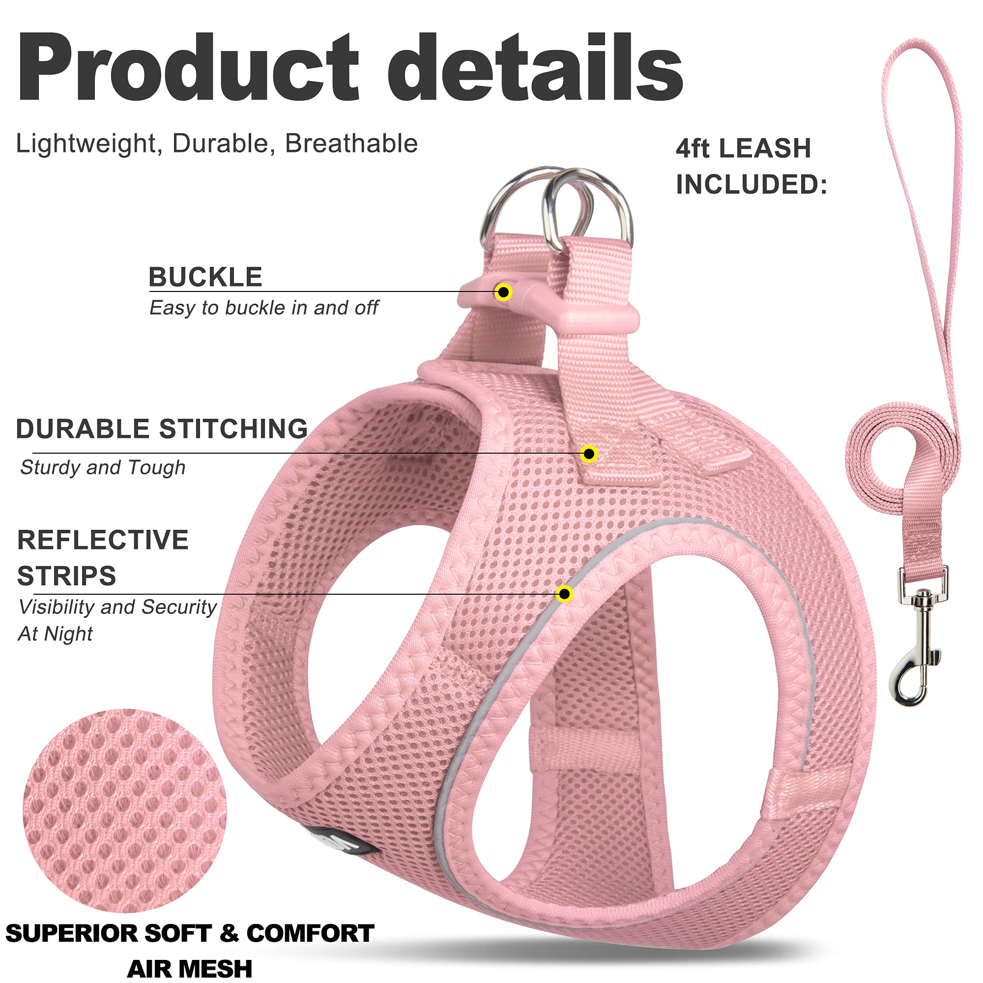 Fida Comfy Dog Harness & Leash, Escape Proof Mesh Vest for XXS Pets, Pink
