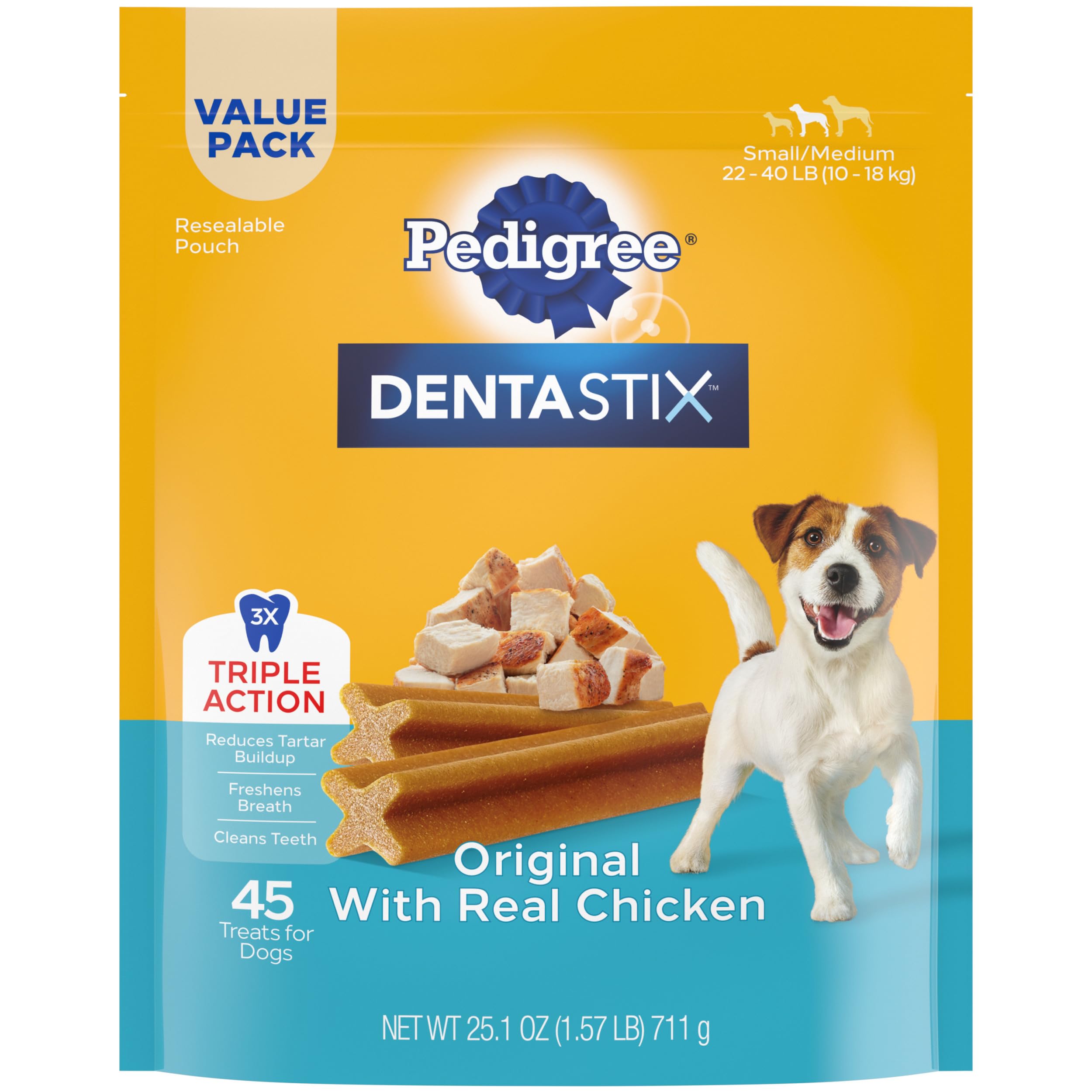 PEDIGREE DENTASTIX Small/Medium Dog Dental Treats Original Flavor Dental Bones, 1.57 lb. Value Pack (45 Treats)