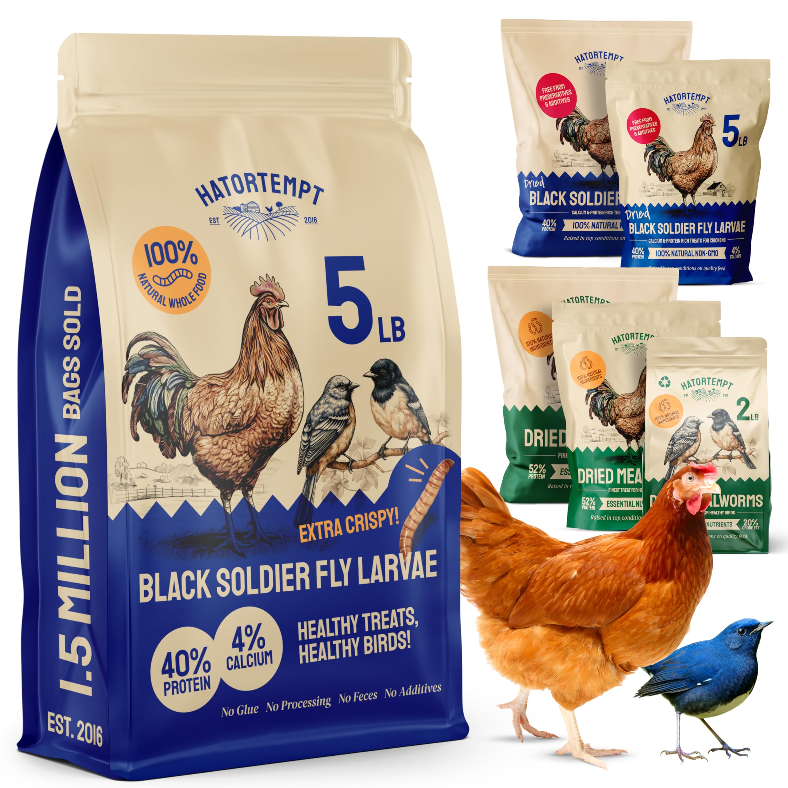 Hatortempt Black Soldier Fly Larvae 5 lb - Organic Dried BSF Chicken Feed - Protein Snack for Laying Hens, Birds & Reptiles - No