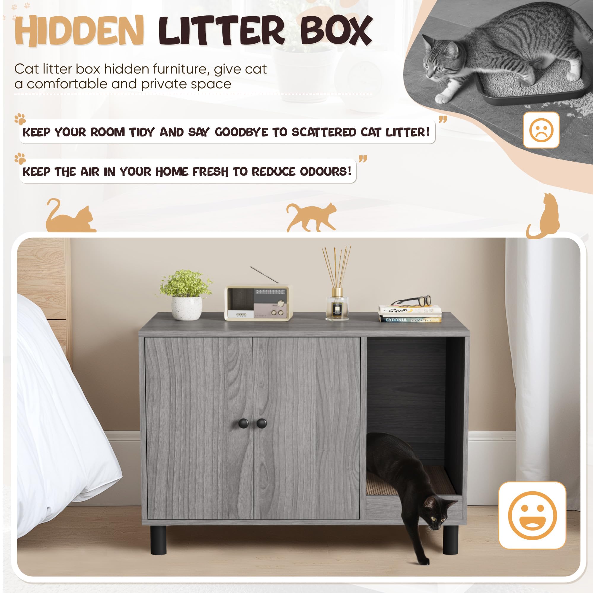 Warcat Cat Litter Box Enclosure, Modern Hidden Litter Box Enclosure Furniture, Hidden Washroom With Scratch Pad, Barn Door Desig