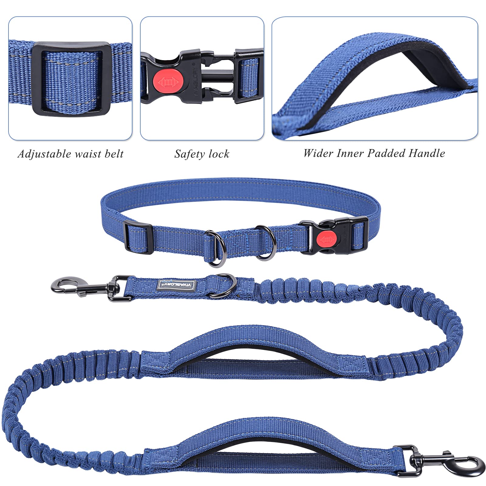 Vivaglory Hands Free Dog Leash With Dual Advanced Anti-Shock Bungees And Padded Handles, Reflective Waist Running Leash With Adjustable Belt For Training Jogging For Medium Large Dogs, Navy Blue/Black