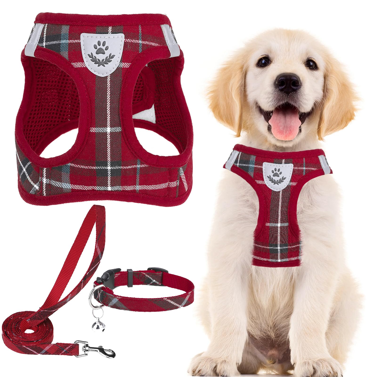 Pupteck Adjustable Dog Harness Collar And Leash Set Step In No Pull Pet Harness For Small Medium Dogs Puppy And Cats Outdoor Walking Running, Soft Mesh Padded Reflective Vest Harnesses, Red Xl