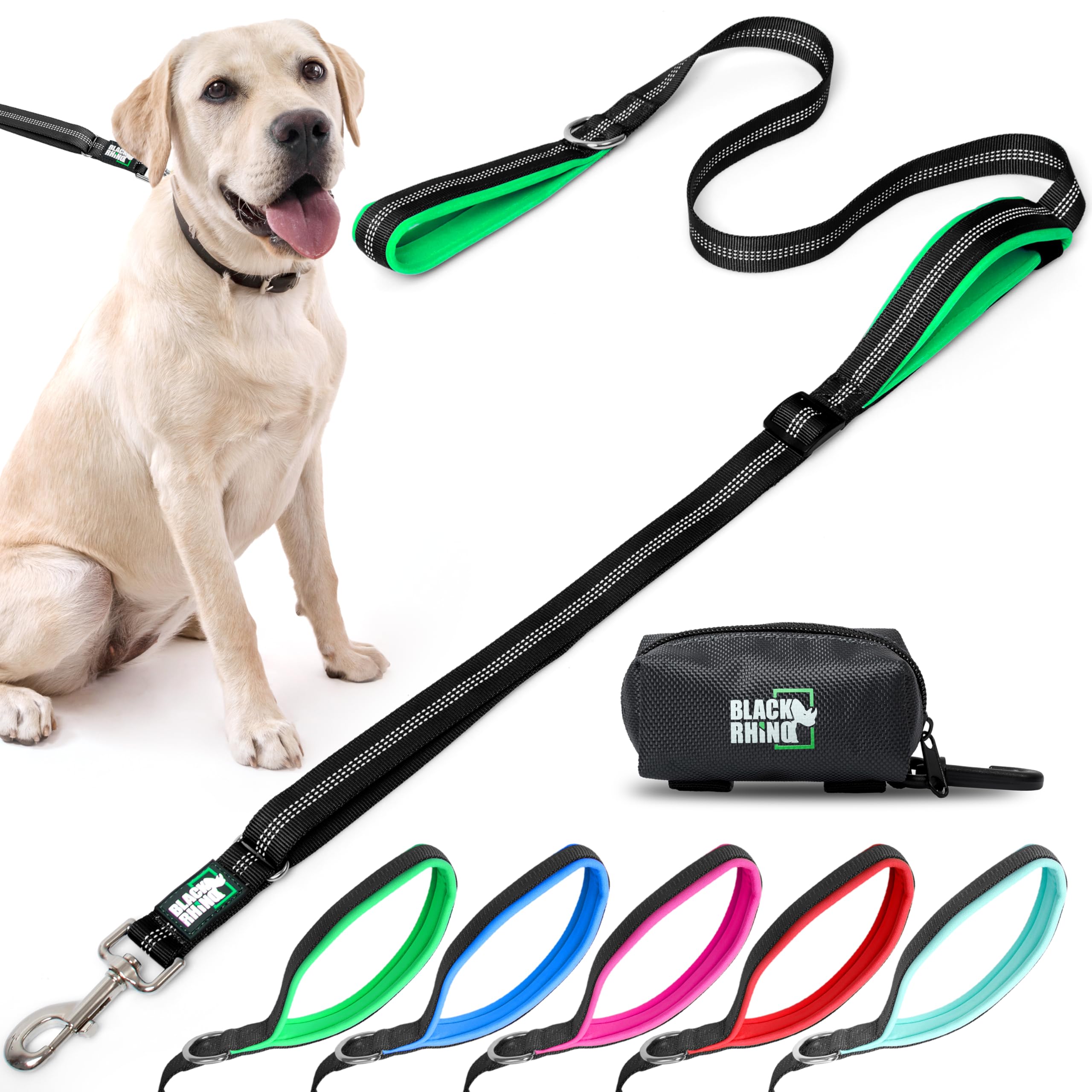 Black Rhino Double Handle Dog Leash - Heavy Duty Adjustable Leash for Large Dogs That Pull - Reflective Two Handle Neoprene Padd