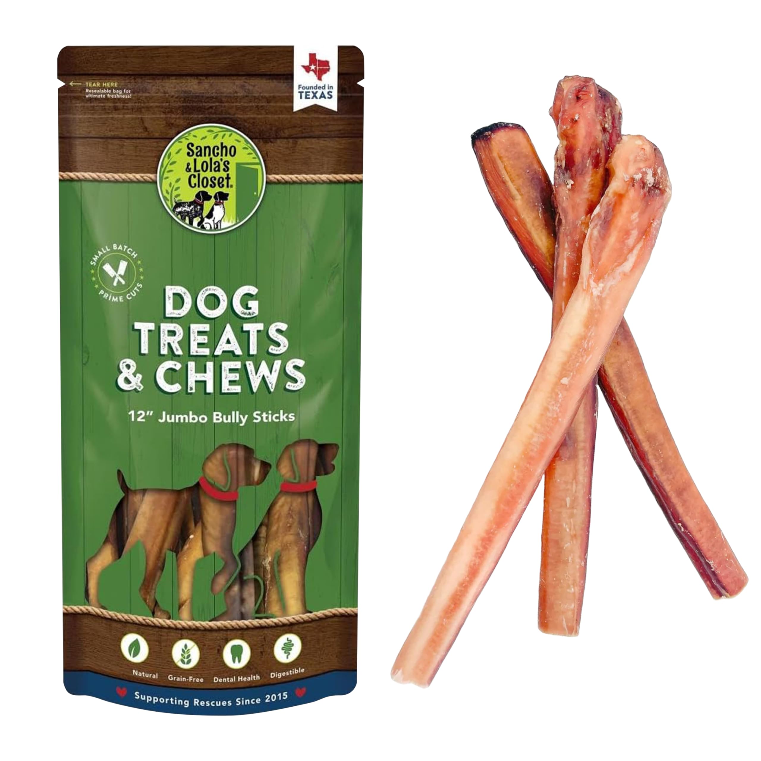 Supreme 12-inch Jumbo Bully Sticks by Sancho and Lolas (5 Pack) All-Natural, Long-Lasting Dog Chew Treats - Free-Range, Grass-Fe