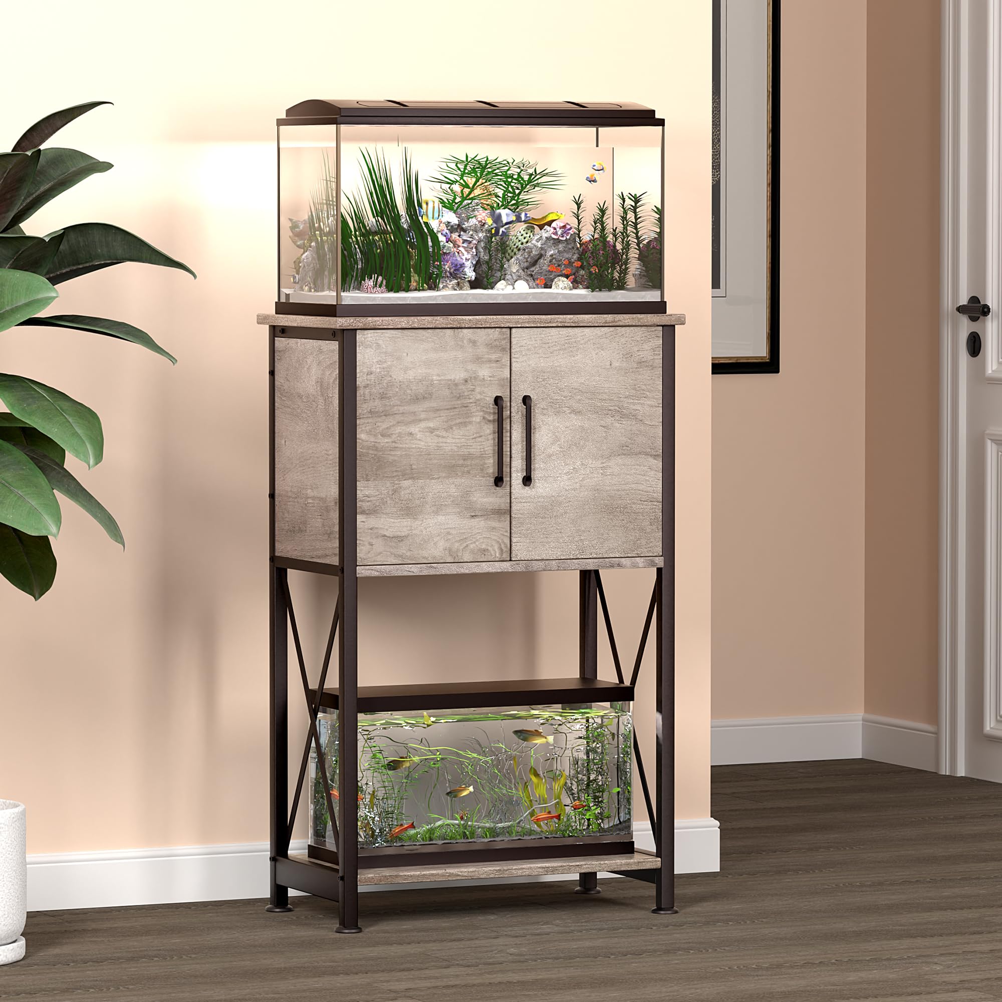 Herture Metal Aquarium Stand for 5-10 Gallon Tanks, Grey, PG06YGZ, 500LBS Capacity with Storage Cabinet