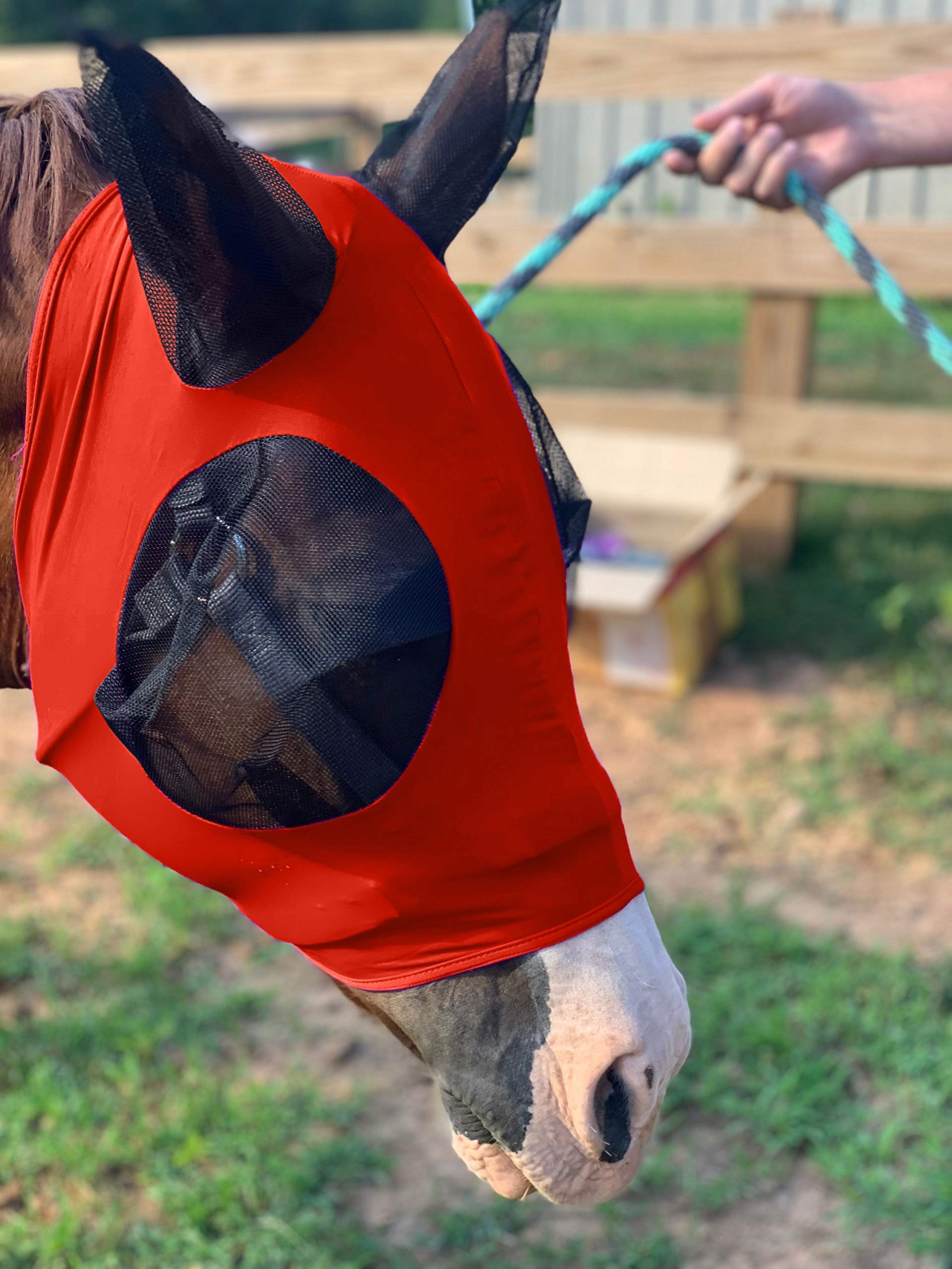 Stretchy Horse Fly Mask with Ears Comfort Fit Mesh Trail Pasture Sun UV Protection (Horse, Orange)
