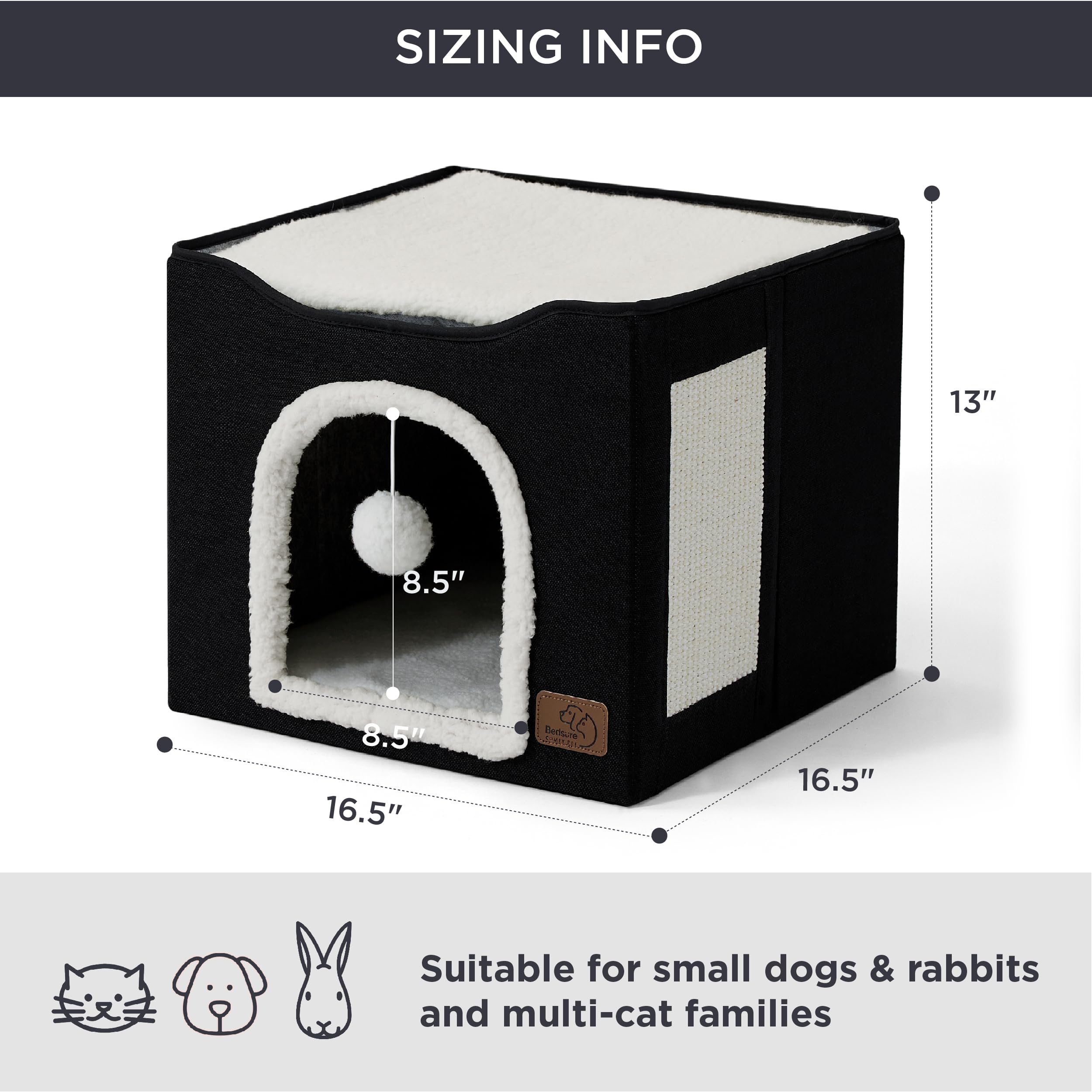 Bedsure Cat Beds For Indoor Cats - Large Cat Cave For Pet Cat House With Fluffy Ball Hanging And Scratch Pad, Foldable Cat Hideaway,16.5X16.5X13 Inches, Black