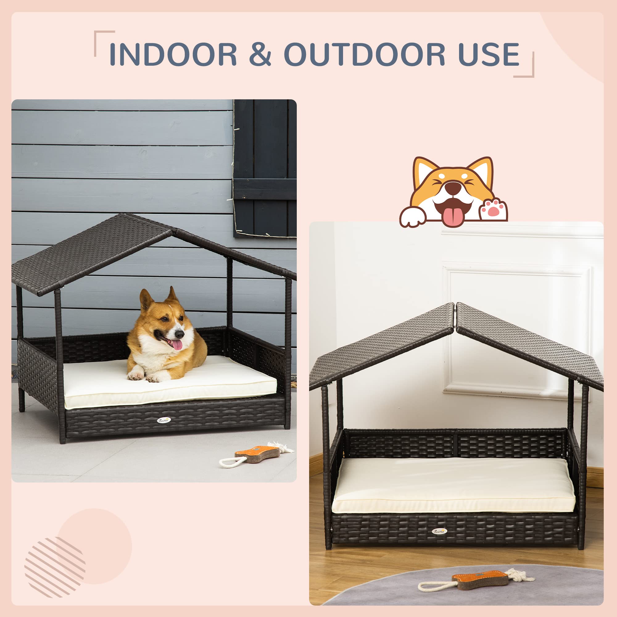PawHut Wicker Dog House Outdoor with Canopy, Rattan Dog Bed with Water-Resistant Cushion, for Small and Medium Dogs, Cream