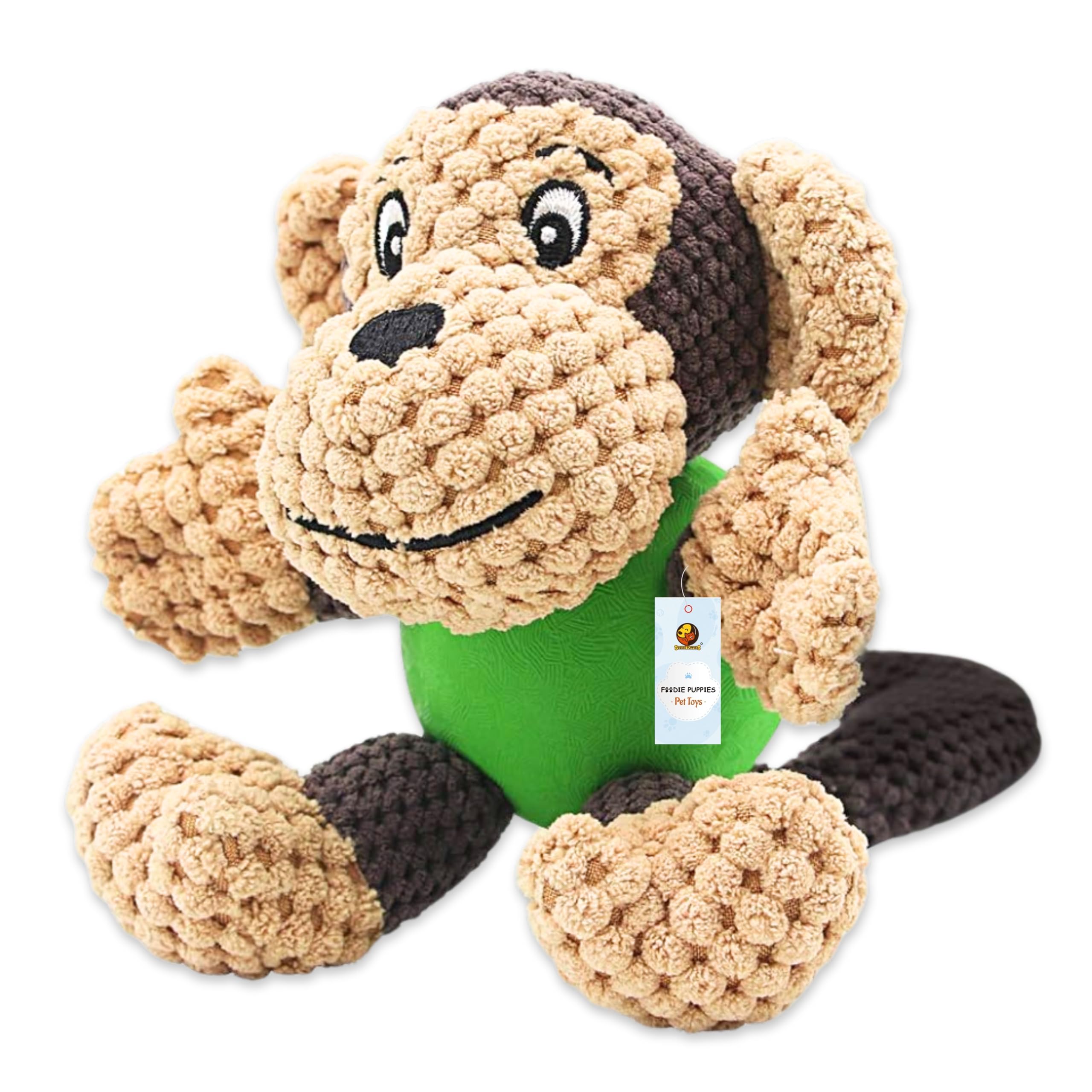 Foodie Puppies Interactive Dog Squeaky Plush Toy (Brown Monkey, Medium) | Crinkle Paper, CottonStuffed, Rubber Vest Chew Toy Fo