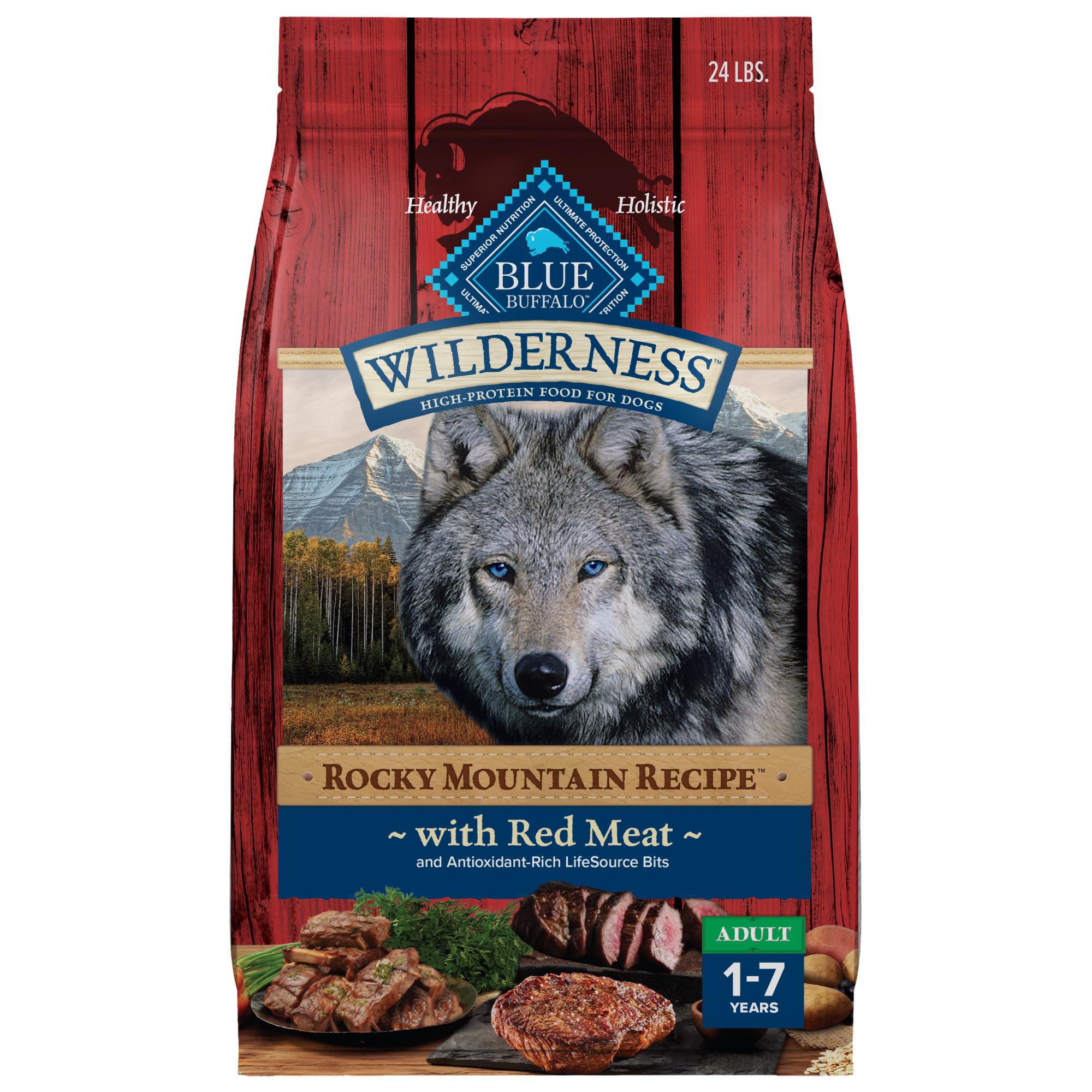 Blue Buffalo Wilderness Rocky Mountain High-Protein Adult Dry Dog Food Wholesome Grains Red Meat, 24lb. Bag