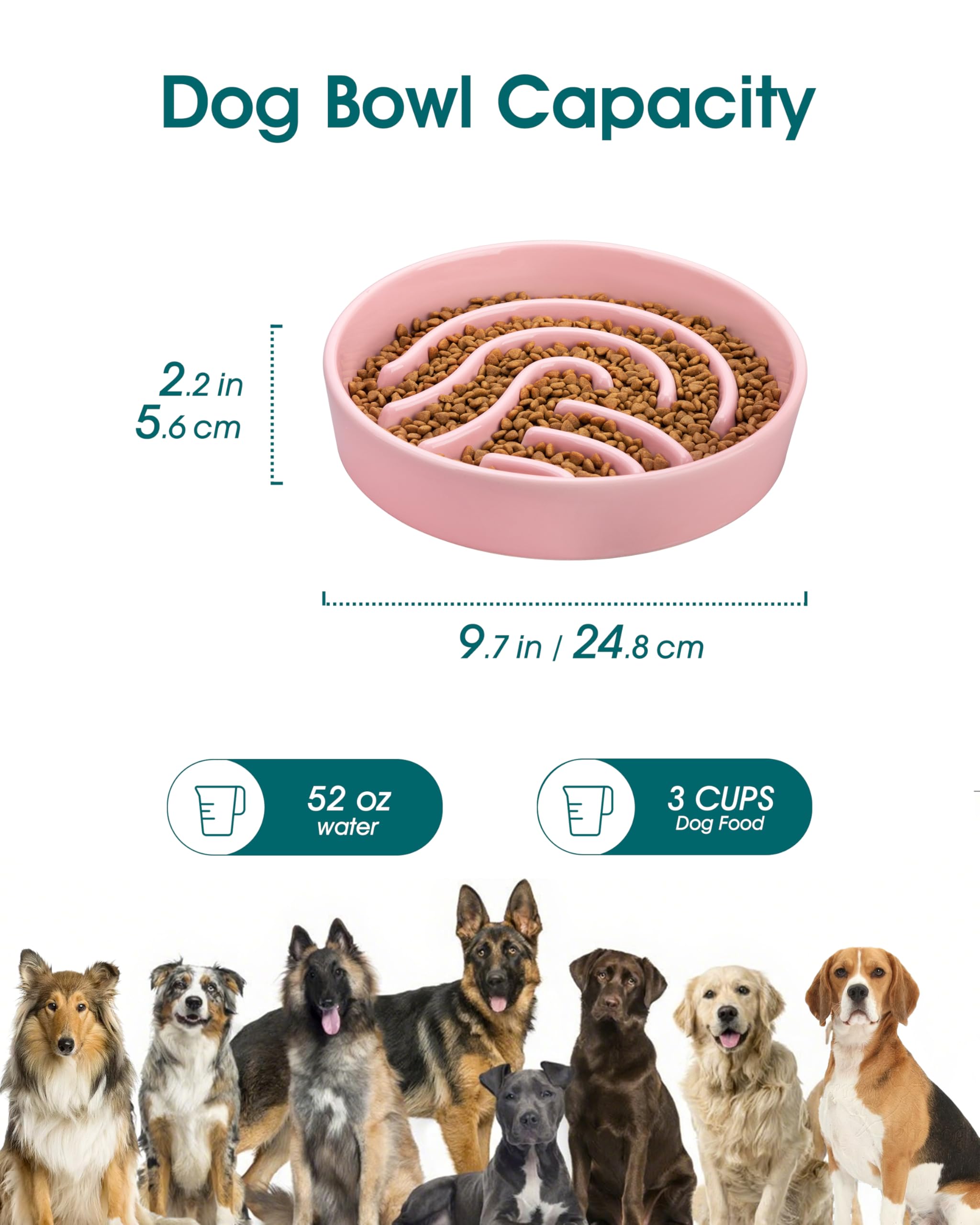 vancasso Slow Feeder Dog Bowl, 3 Cup Ceramic Slow Feeding Food Dish for Large Breed, Puzzle Dog Food Bowl for Fast Eater, Pink