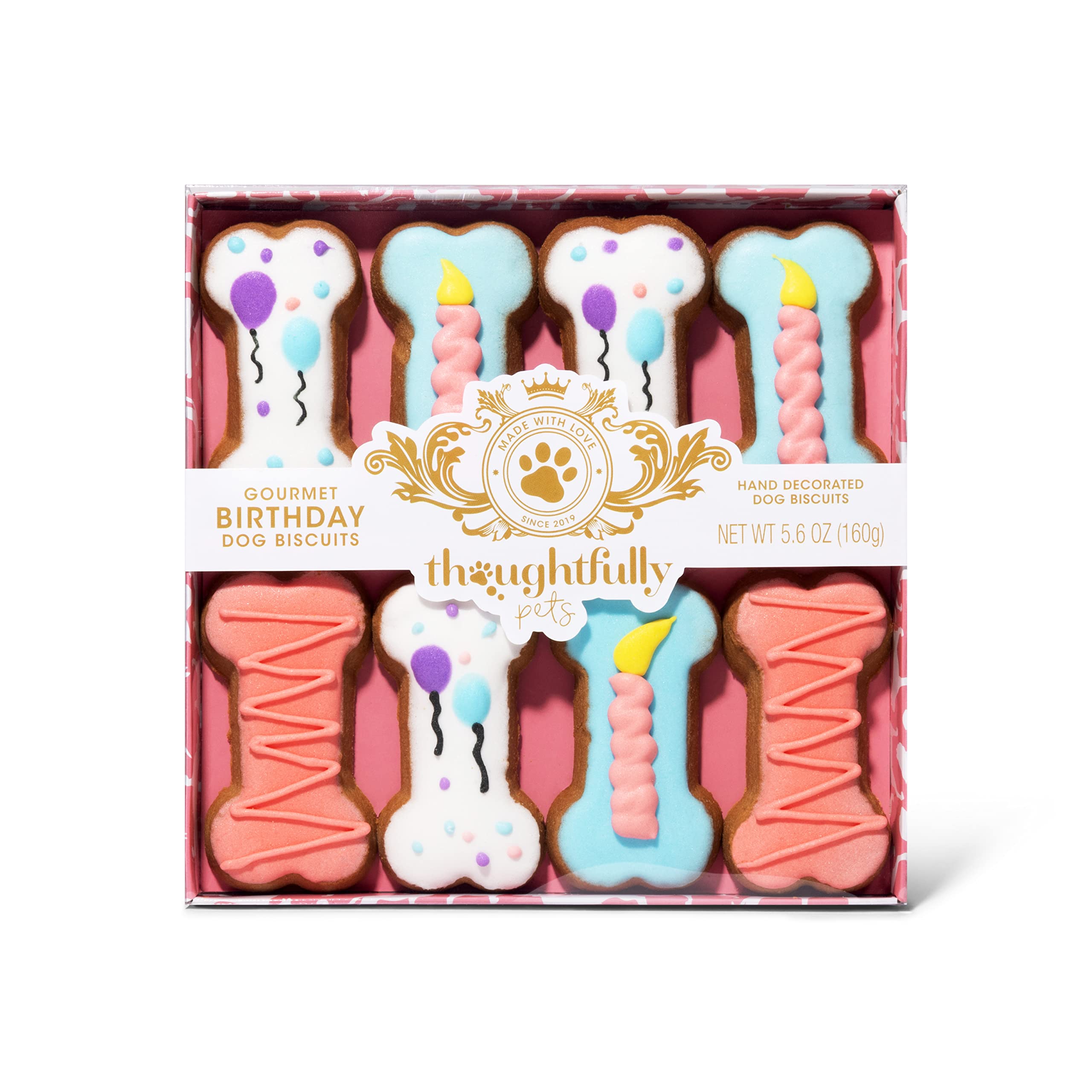 Thoughtfully Pets, Dog Birthday Cookie Gift Set, Hand Decorated Crunchy Treats in Bone Shapes, Great for Birthdays, Set of 8