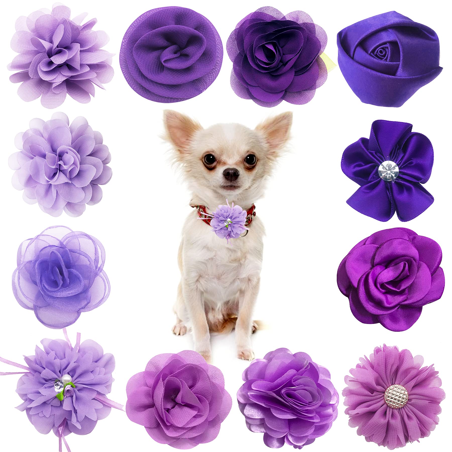 Pet Show 12Pcs Purple Dog Collar Bows And Flowers Attachment For Girls Puppies Cats Female Small Medium Dogs Collars Embellishment Decor For Wedding Birthday Parties Grooming Pet Collar Accessories