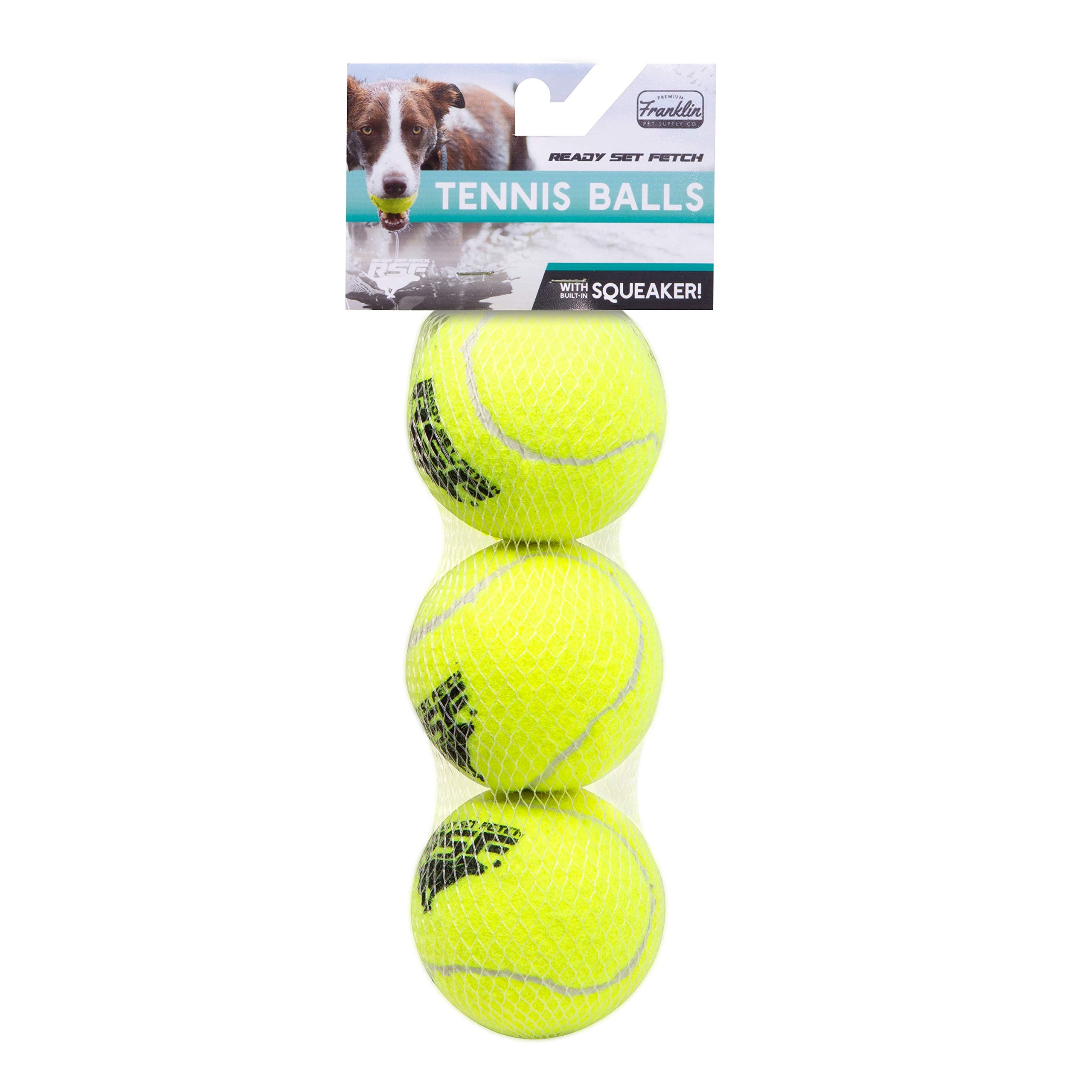 Franklin Pet Supply Squeaky Dog Toy Tennis Balls, Natural Rubber, Yellow, 3 Pack, Perfect for Small, Medium & Large Dogs - Model 90043