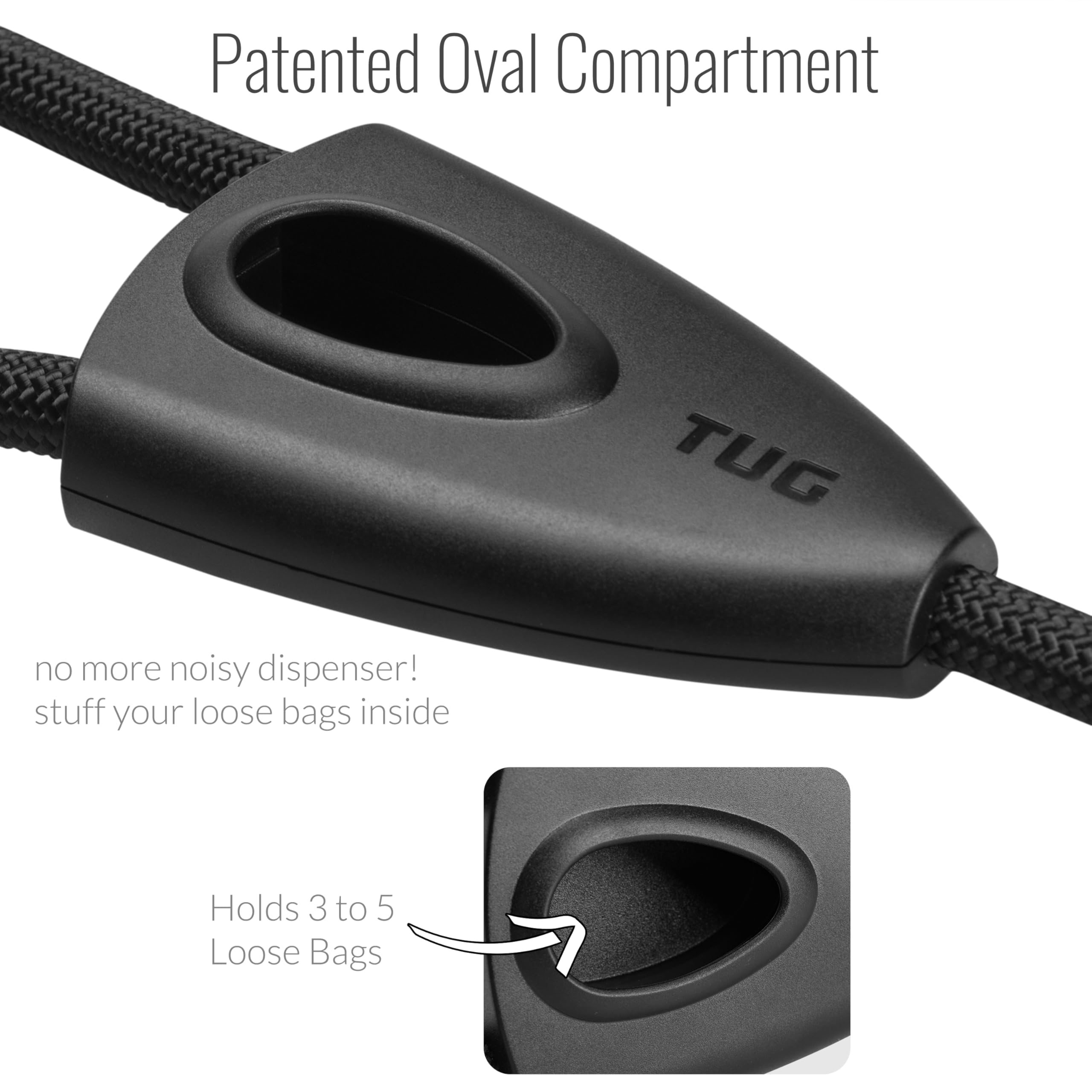 Tug 5 Ft Dog Leash With Integrated Oval Dispenser Holds 3 Loose Dog Waste Bags (Black)