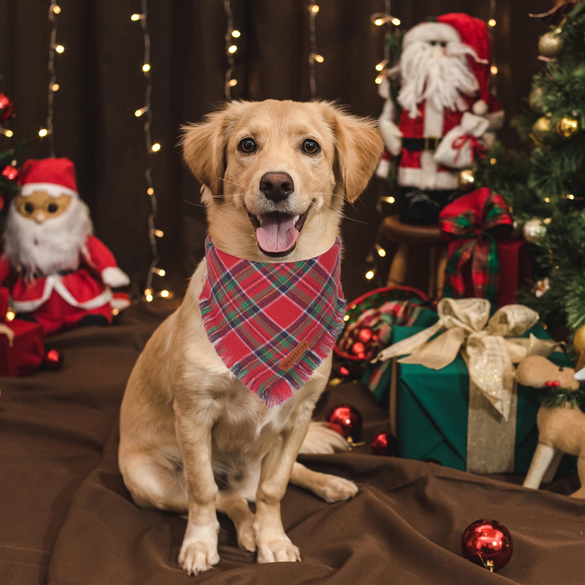 Adoggygo Christmas Dog Bandanas With Tassels Edges, Stylish Plaid Dog Christmas Scarf Bib, Multiple Sizes Offered, Plaid Bandanas For Large And Extra Large Dogs (Christmas-1, X-Large)
