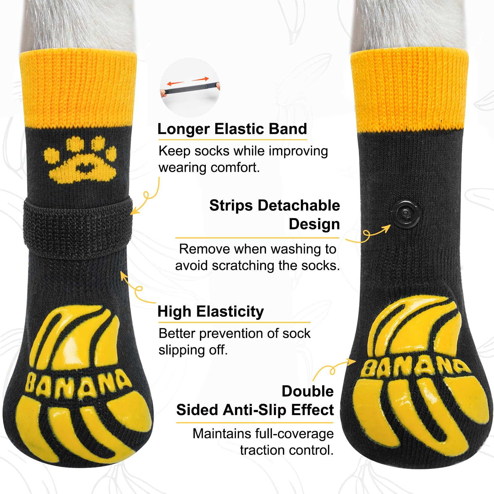 BEAUTYZOO Non-Slip Dog Socks, M Size, Bananas Yellow, Paw Protector for Hot Pavement, Traction on Wood Floors, Pack of 4