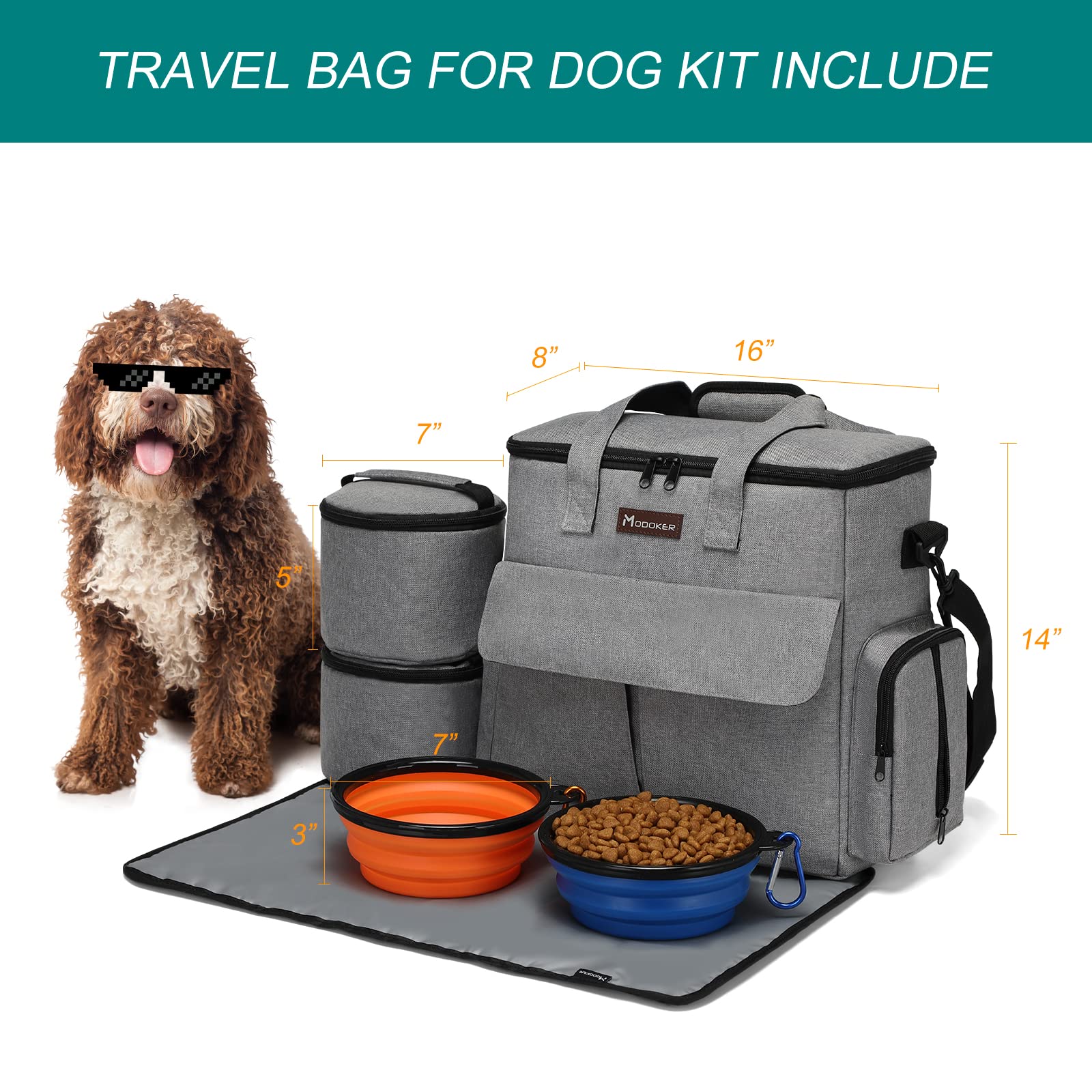 Modoker Dog Travel Bag, Weekend Pet Travel Set for Dog and Cat, Airline Approved Tote Organizer with Multi-Function Pockets, 2 F