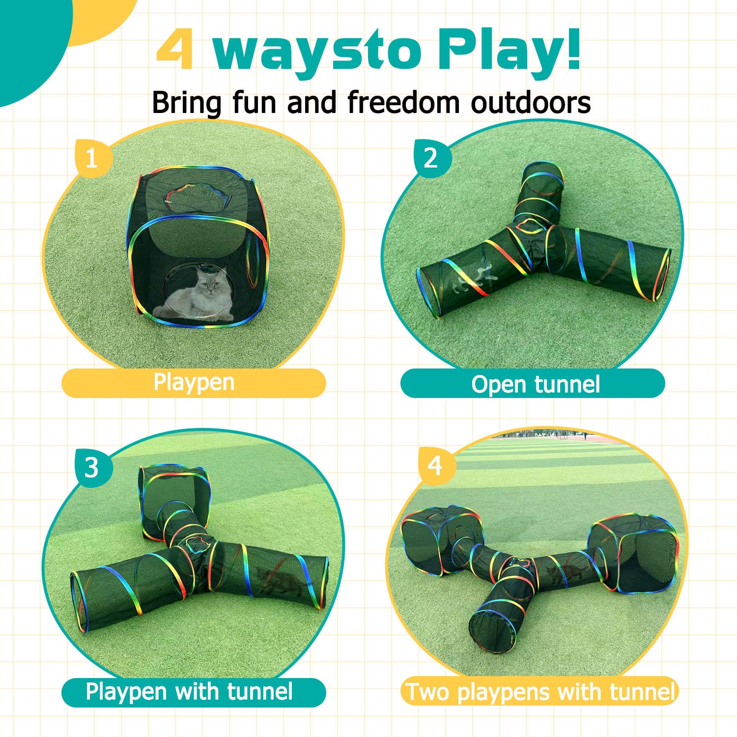 Luckitty Outdoor Rainbow Cat Enclosures Playground,Outside House For Indoor Cats Include Portable Tent, 3 Way With 2 Cube Tunnel