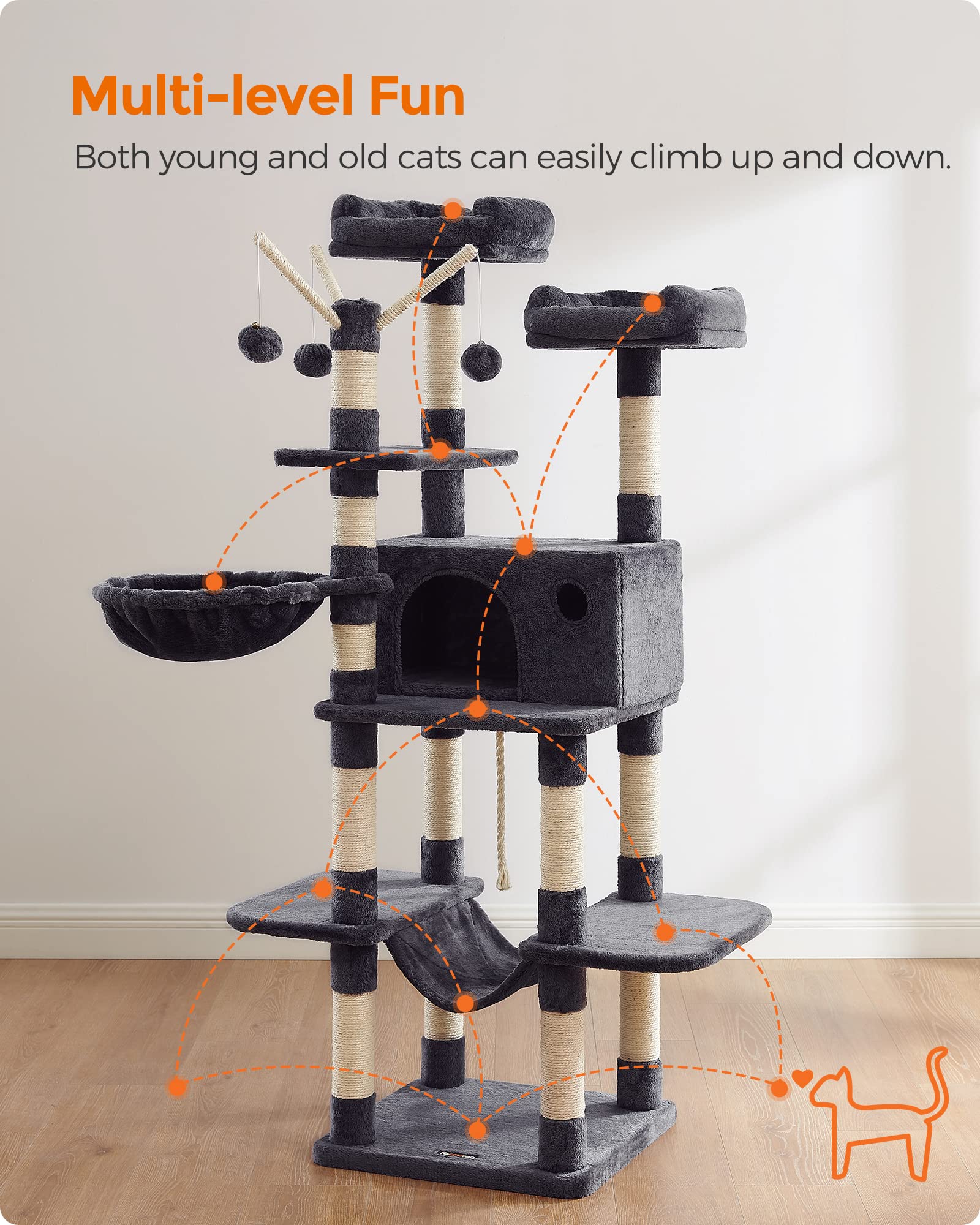 Feandrea Cat Tree, Large Cat Tower, 64.6 Inches, Cat Activity Center With Hammock, Basket, Removable Fur Ball Sticks, Cat Condo, Smoky Gray Upct087G01