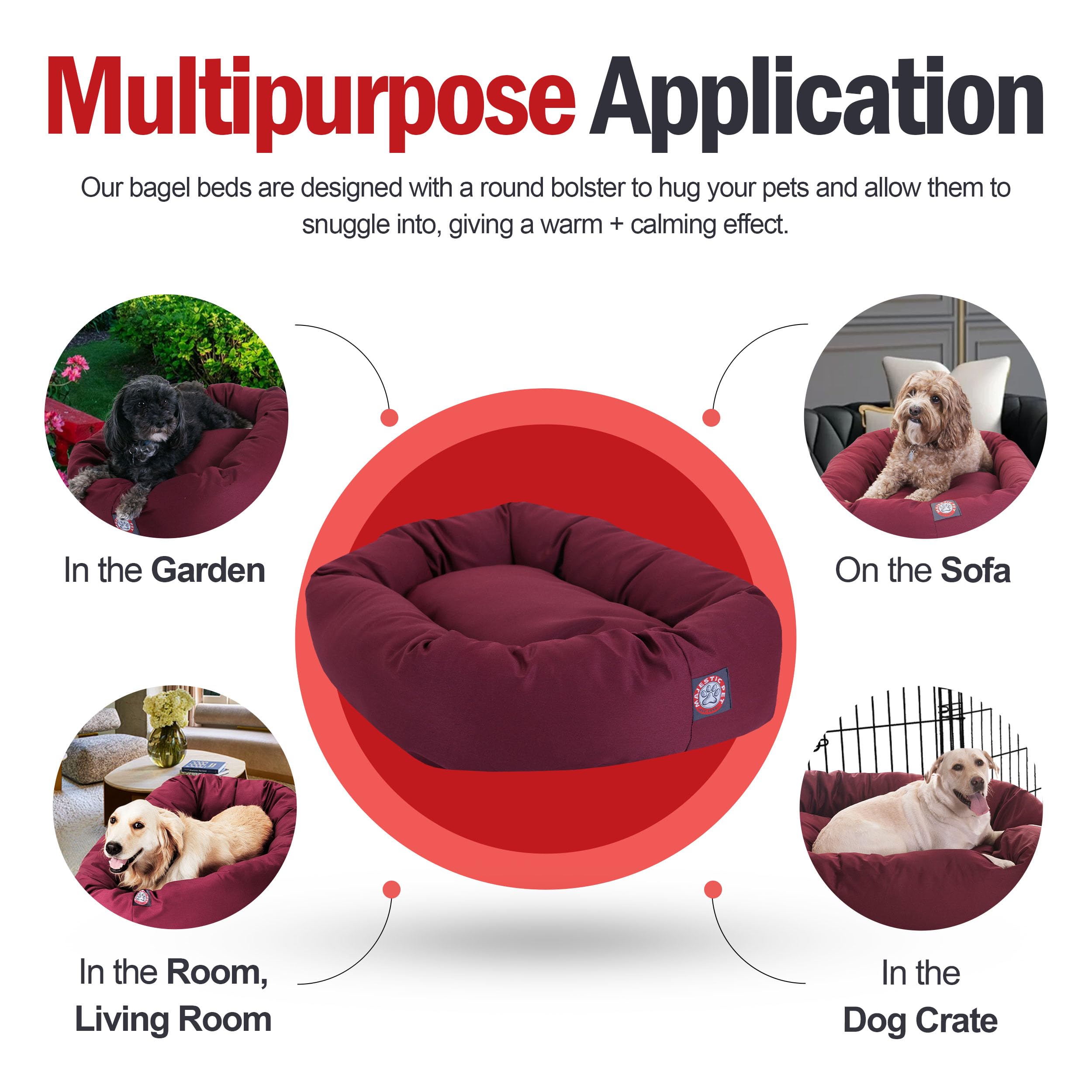 Majestic Pet 52 Inch Bagel Calming Dog Bed Washable – Cozy Soft Round Dog Bed With Spine Support For Dogs To Rest Their Head - Fluffy Donut Dog Bed 52X35X11 (Inch) - Round Pet Bed X-Large – Burgundy