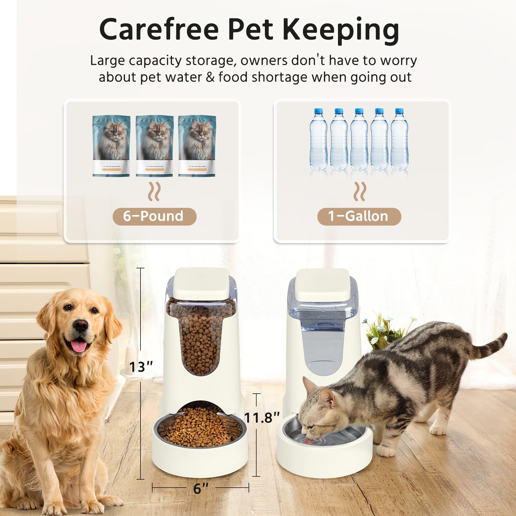 WyfKyd 2 Pack Automatic Cat Feeder & Stainless Steel Dog Water Dispenser, 1 Gallon x 2, Ivory White