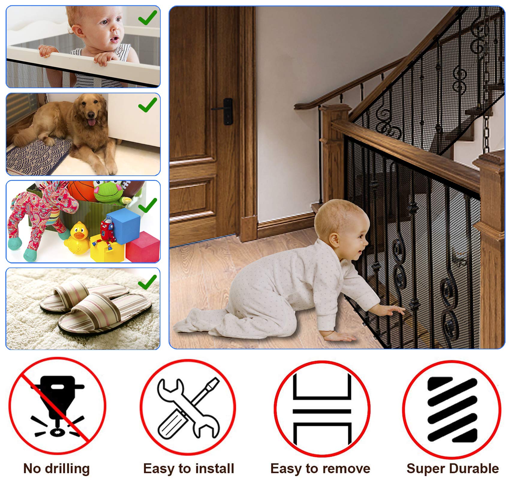 JIFTOK Baby Gate for Stairs, Banister Guard for Kids, Pets, Toys, 18 ft L x 2.66 ft H, Mesh Netting Safety Net for Balcony Rail