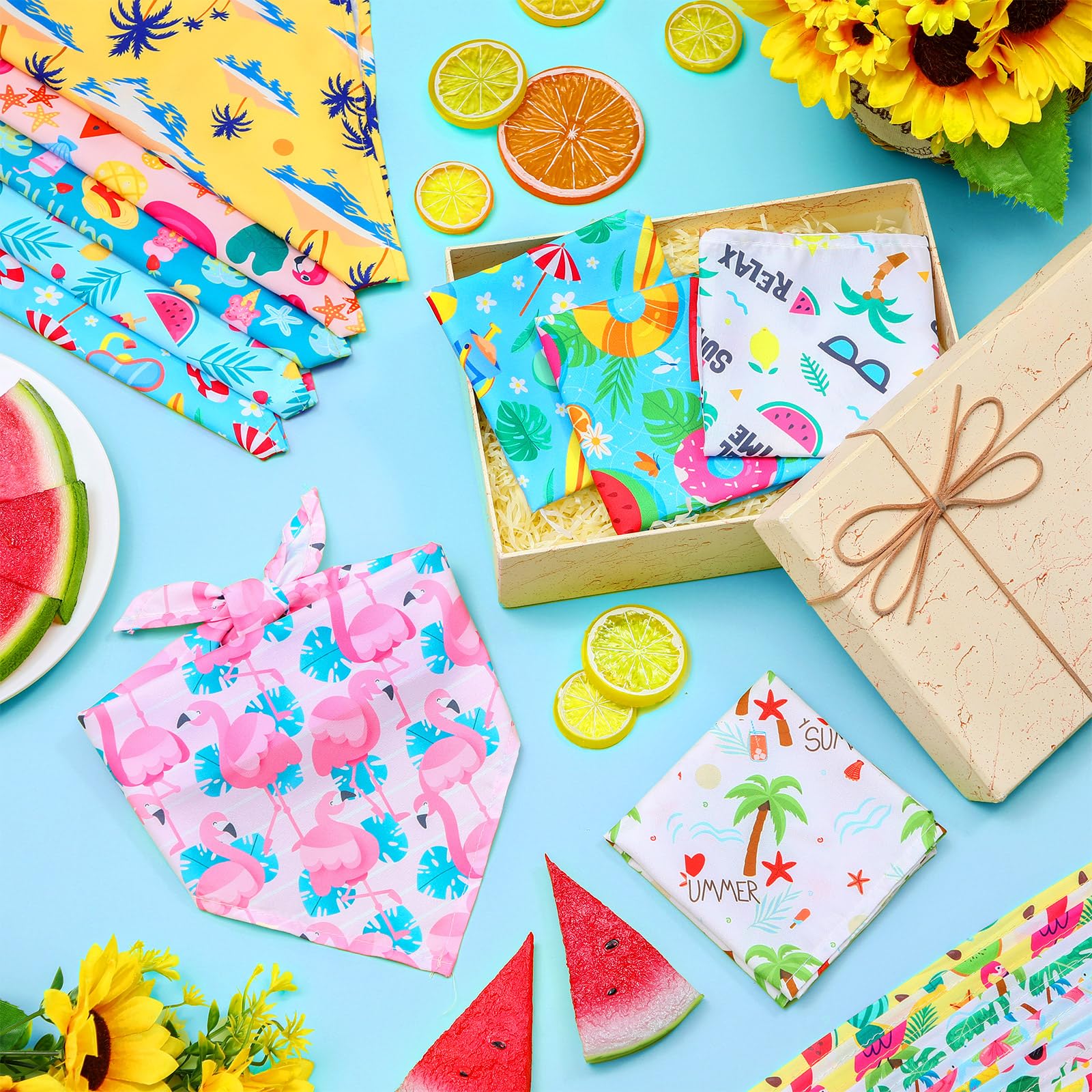 Sweetude 100 Pieces Hawaiian Dog Bandanas Bulk,Summer Bandanas For Dogs Fruit Flamingo Palm Leaves Pattern Pet Triangle Scarf Pu