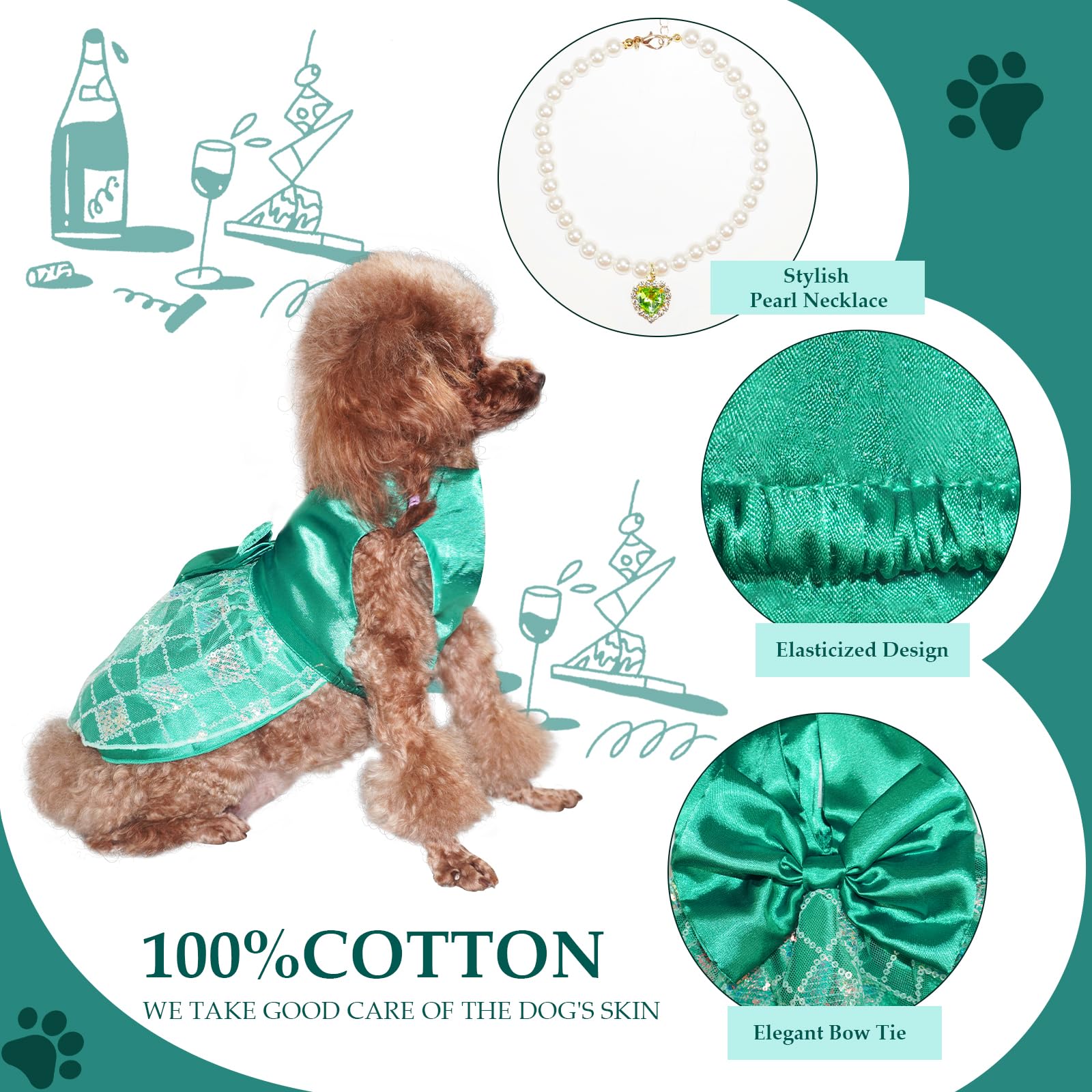 Topkins Dog Dresses, Breathable Dog Dress For Medium Small Dog, Pet Silk Dress With Pearl Necklace, Doggy Party Dress With Sequi