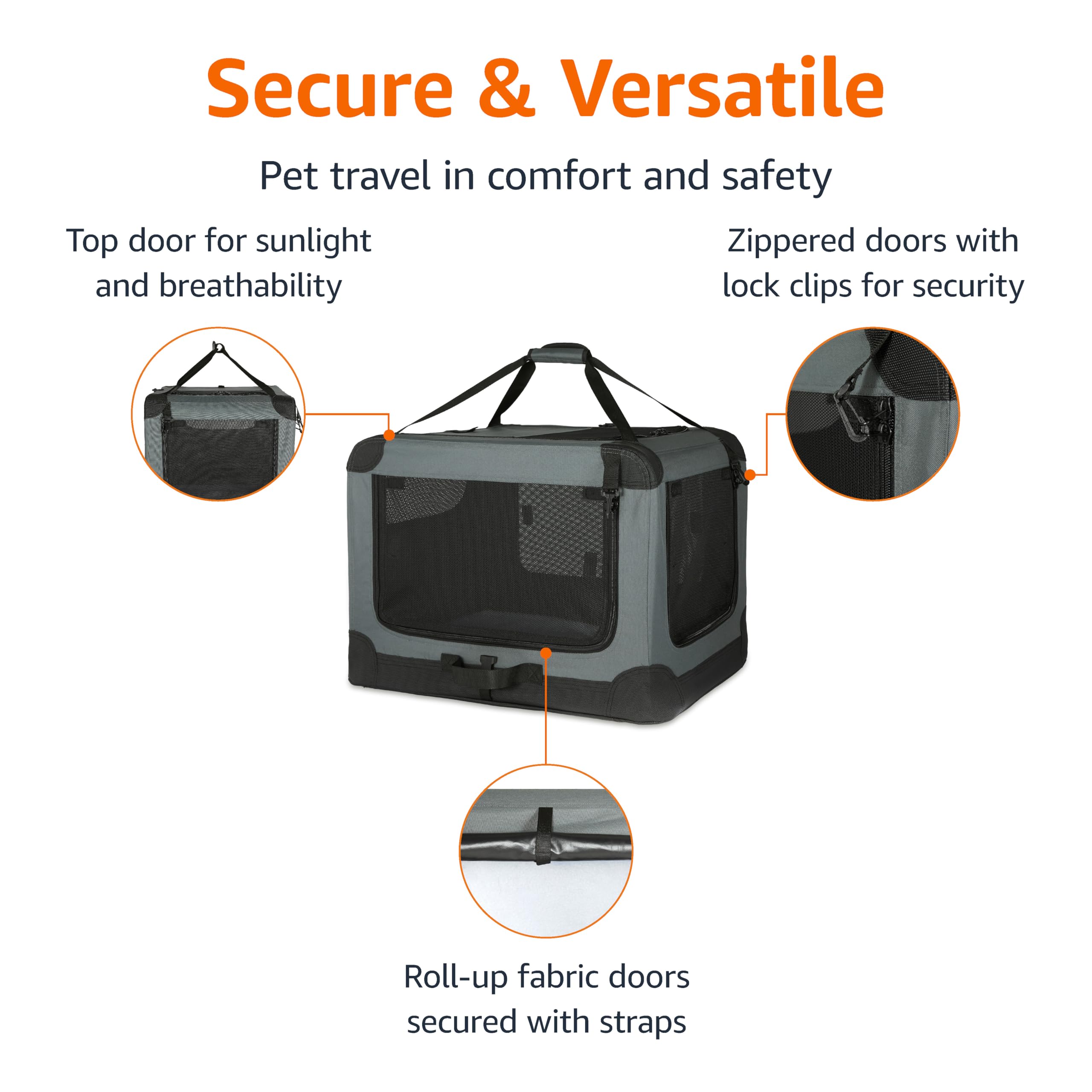 Amazon Basics 4-Doors Portable Soft-Sided Folding Travel Crate Kennel for cat, Dog, and Other Small Animals, Grey, S 26 x 18 x 1
