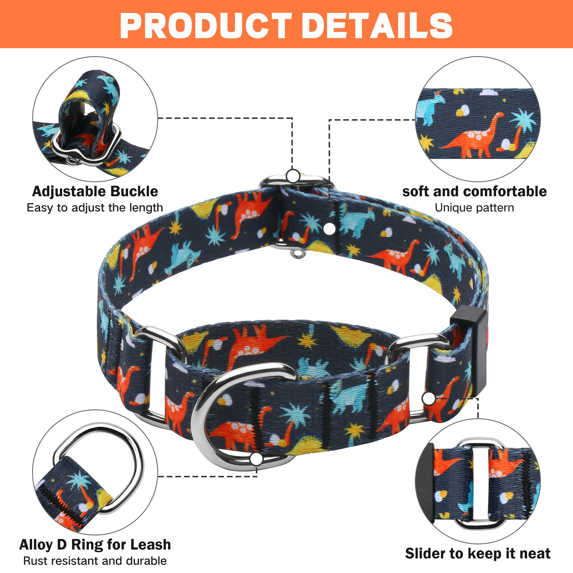 Hikiko Martingale Collar For Dogs With No Buckle Boy Male No Pull Dog Collars For Medium Dogs,Dinosaur,M