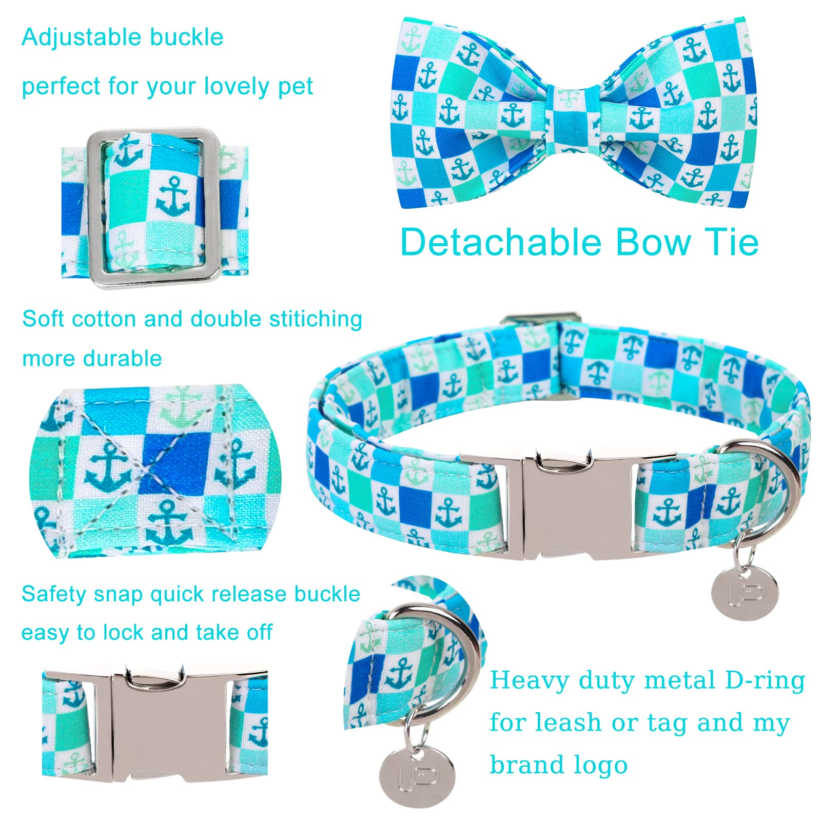 Up Urara Pup Dog Collar With Bow Tie, Comfortable Cotton Summer Dog Bowtie Collar, Durable Metal Buckle Cute Pet Collar For Pupp