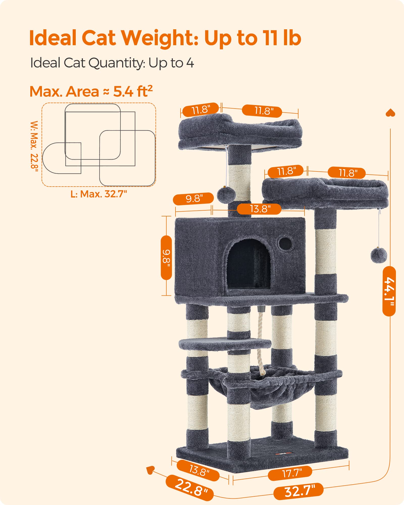 Feandrea Cat Tree, 44.1-Inch Cat Tower For Indoor Cats, Multi-Level Cat Condo With 11 Scratching Posts, 2 Perches, Cave, Hammock